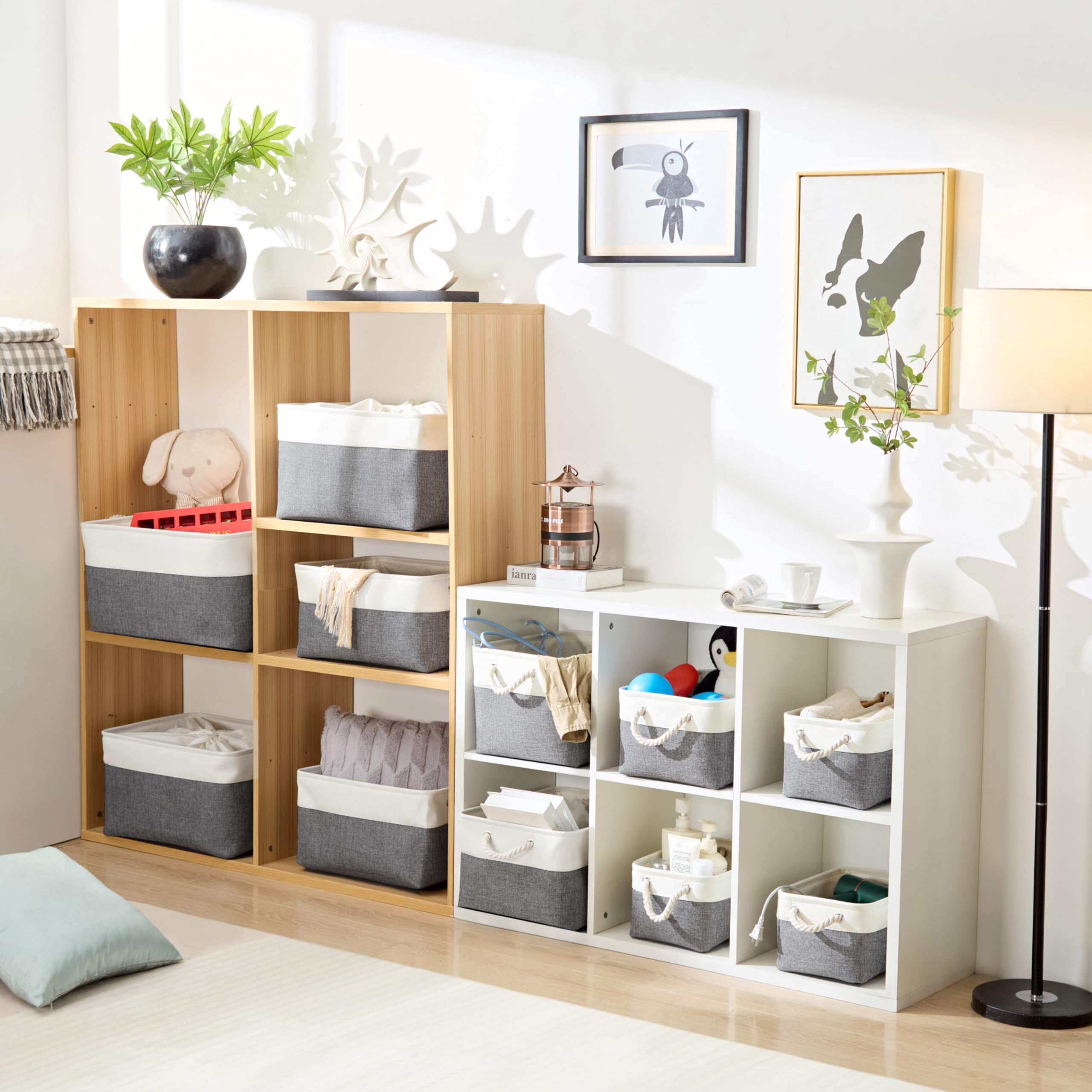 Stoff-Aufbewahrungsbox, 3er-Set, Faltbare Stoff-Aufbewahrungskörbe mit Griffen für Schränke, Kleiderschränke, Regale, Kleidung, Spielzeug, Handtücher, Badezimmer (klein, kaltes Grauweiß)