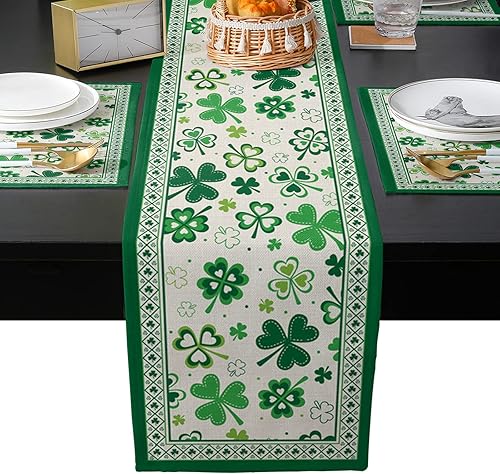 Miniatura 2 de Juego de manteles individuales para el día de San Patricio con camino de mesa a juego de arpillera de algodón y lino 6 alfombrillas  camino de 16 x