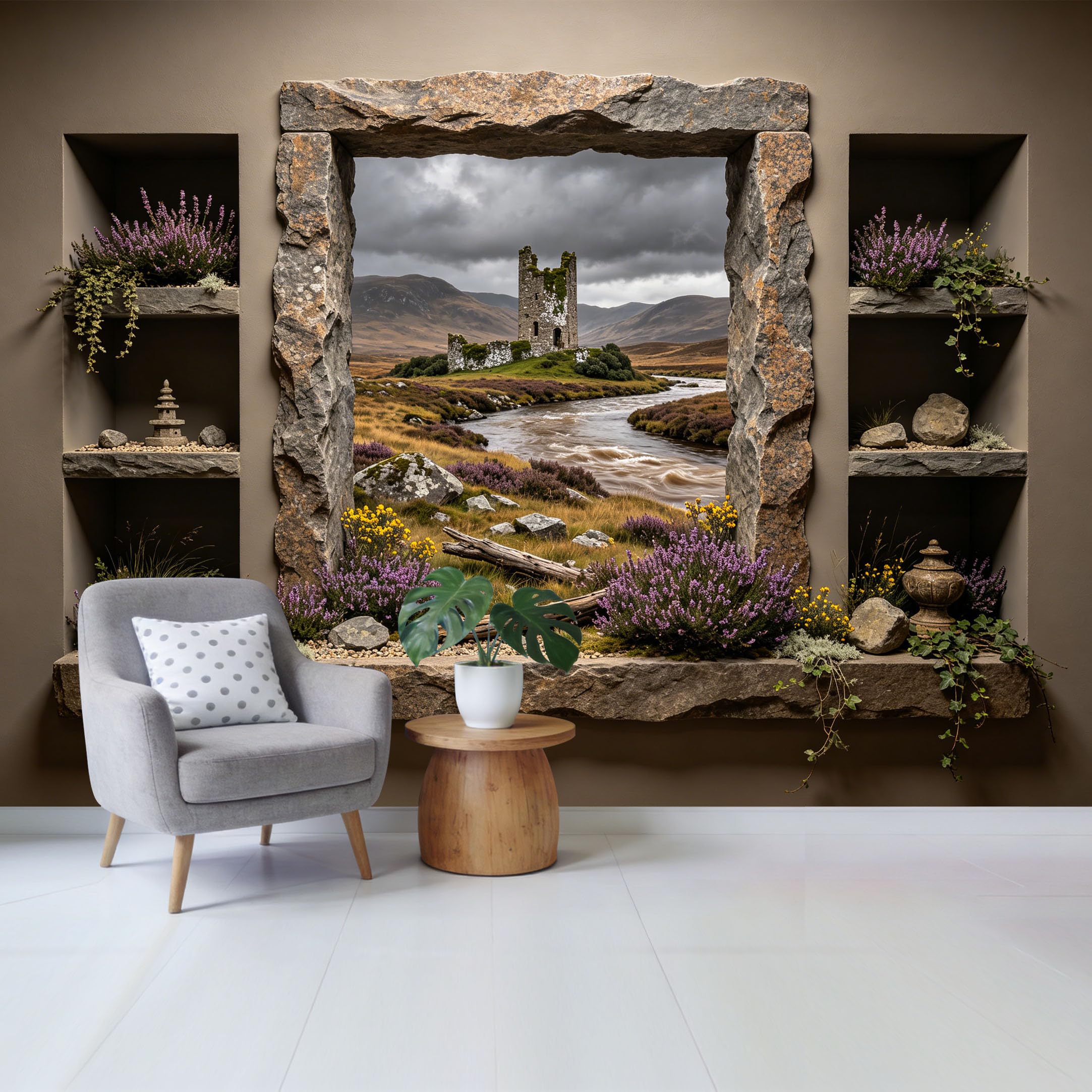 Custom Size Wall Mural Mountain Lake Castle View 3D Trompe L'Oeil Removable Self Adhesive Fabric， Home Wall Decor for Living Room Bedroom Bathroom Rustic Landscape