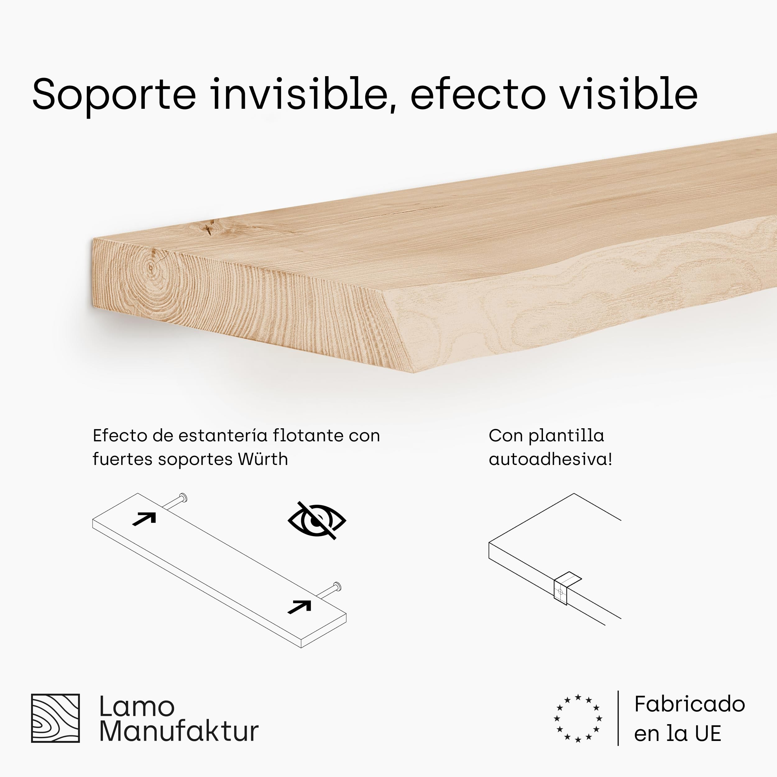 LAMO Manufaktur Estantería Flotante Pared de Madera con fijación Invisible | estanteria 40 cm Ancho para baño, Pasillo, Cocina | Color: Rustico, Borde: Natural | Madera Maciza, diseño Moderno