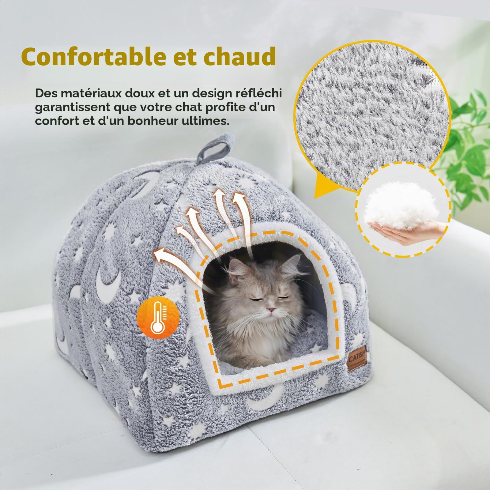 CATISM Lit pour Chat Phosphorescent - Lumineuse Niche pour Chat d’intérieur, Pliable Lavable Maison Chats avec Coussin Amovible, Fond Antidérapant, 40 x 40 x 38 cm