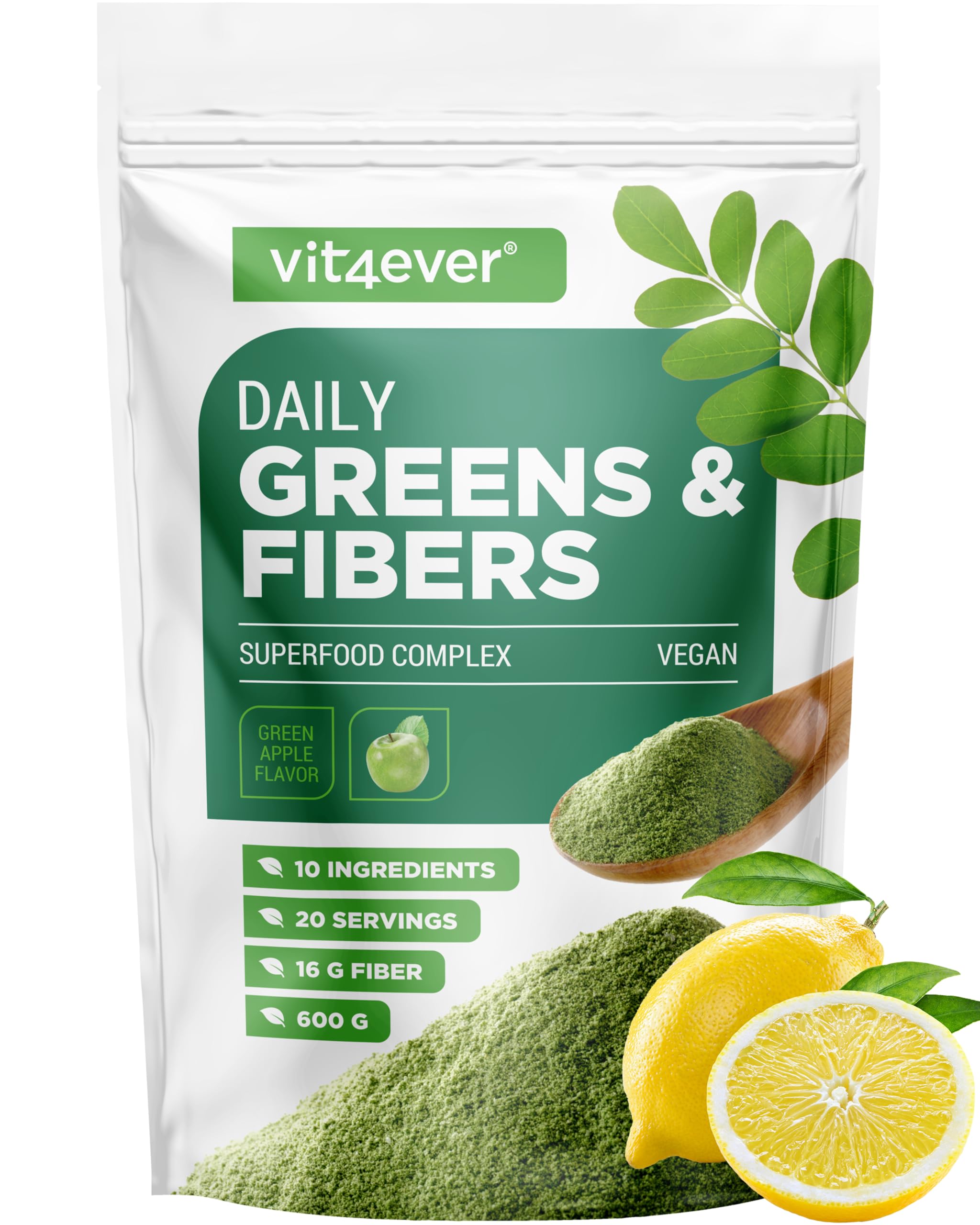 vit4ever Daily Greens & Fiber - Polvo 600 g - 16 g de Fibra - Limón
