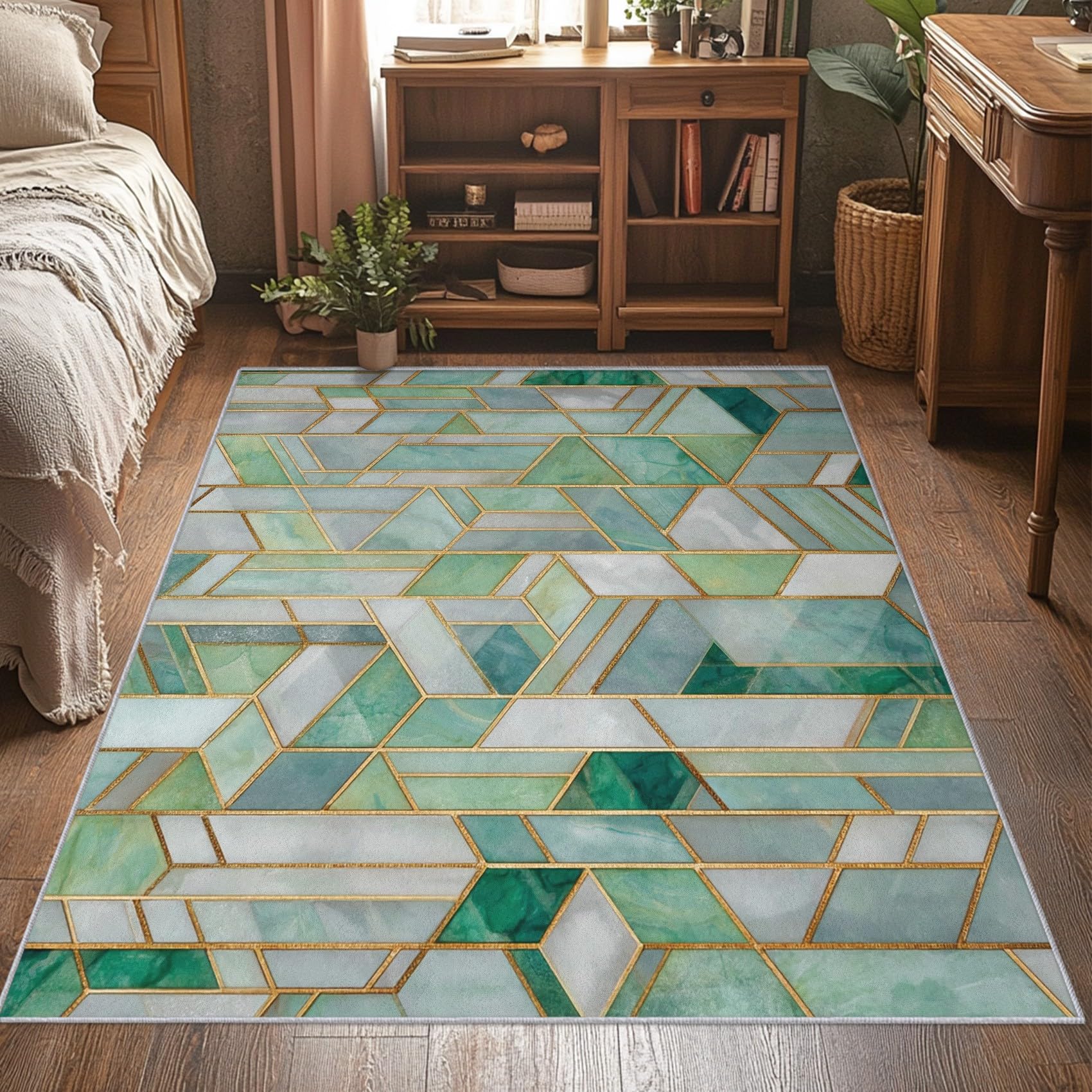 Générique Tapis Geometrie Verte 60x90, Lavable Poils Ras