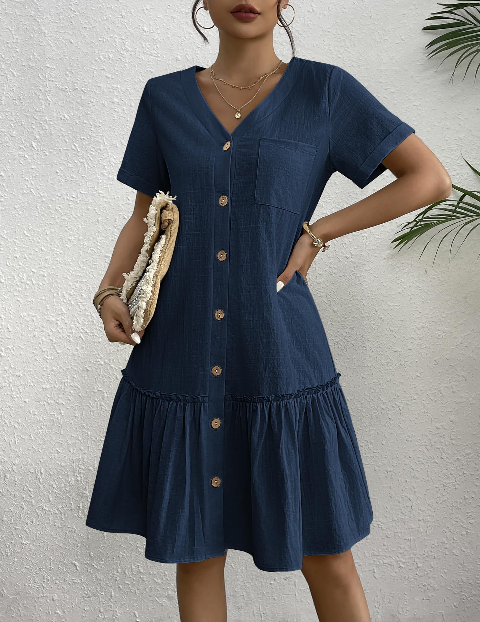 Hotouch Vestido de Verano de Mujer de Lino con Botones, Escote en V,Mini de Manga Corta, Corte A con Volantes, Ideal para la Playa