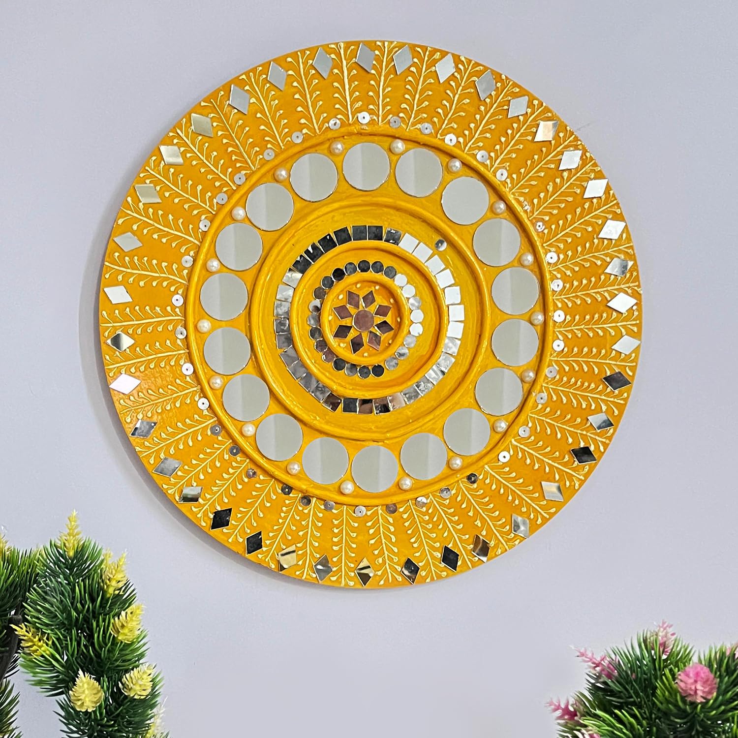 Ritwika's Decorative Wall Hanging Wooden MDF with Mud Mirror Art | Lippan Art Design, Yellow and Silver Mirror Work, Round Wooden MDF Frame | Set of 1-image-29