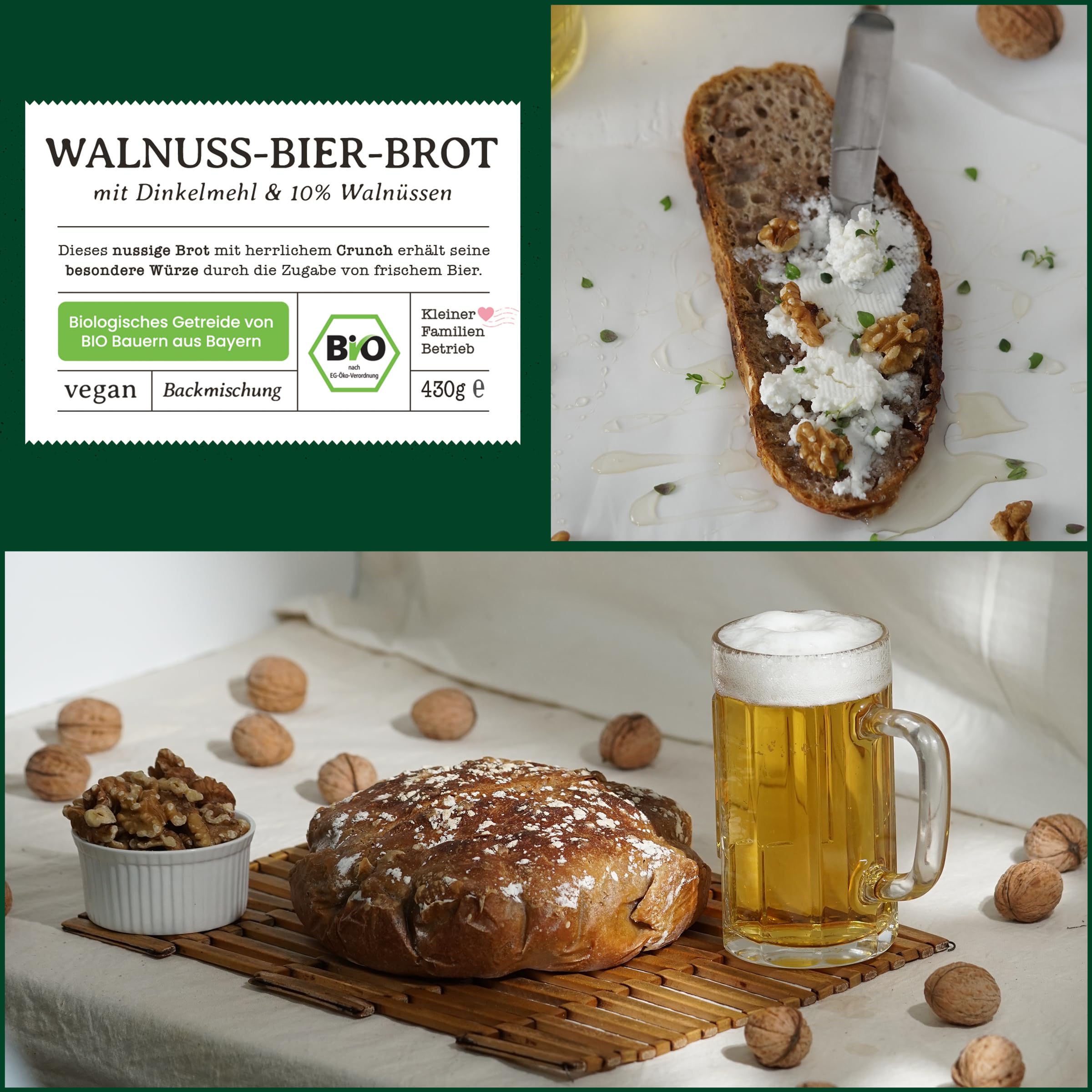 Bio Walnuss-Bier-Brot Backmischung - Brotbackmischung Geschenk für Bierliebhaber und Männer - Brotbackautomat geeignet - Bake with Love - (10er Pack)