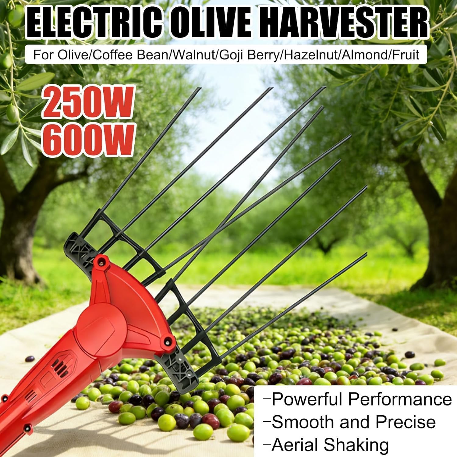 Cosechadora eléctrica de aceitunas de 600 W, recolector vibratorio con poste telescópico ajustable de 175 a 270 cm para dátiles, granos de café