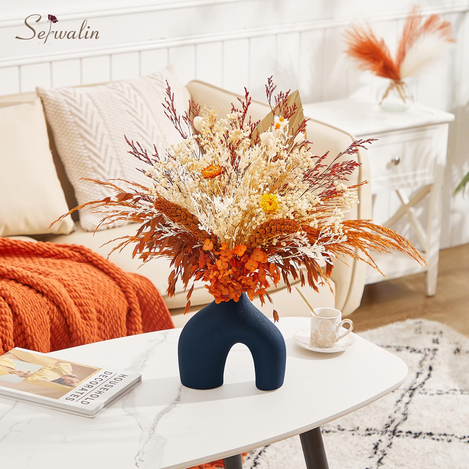 Serwalin Natural Dried Flowers Decor 17" Fluffy Pampas Grass Decoration Boho Decor Bouquet Dried Flowers for Wedding Floral Room Party Decorations,Orange (No Vase)