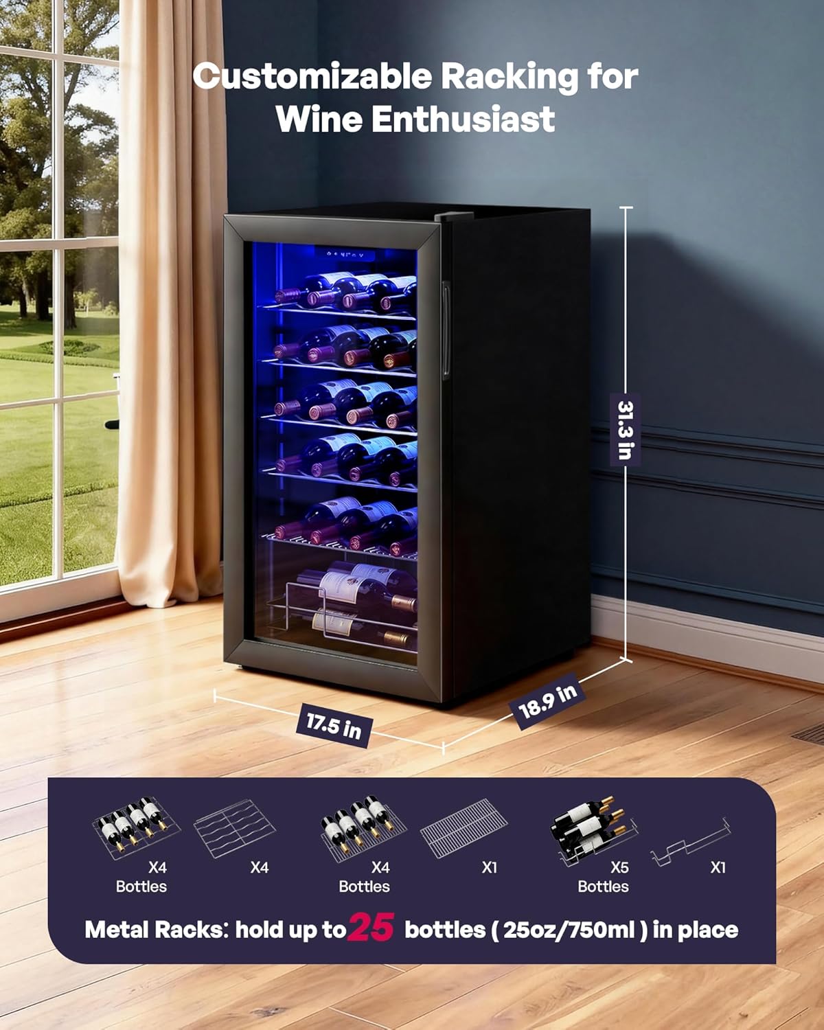 25 Bottle Compressor Wine Cooler Refrigerator, Freestanding Wine Cellar with 41-64°F Adjust Temp & Double-layer Glass Door for Red and White, Wine Cooler for Home Bar, Black