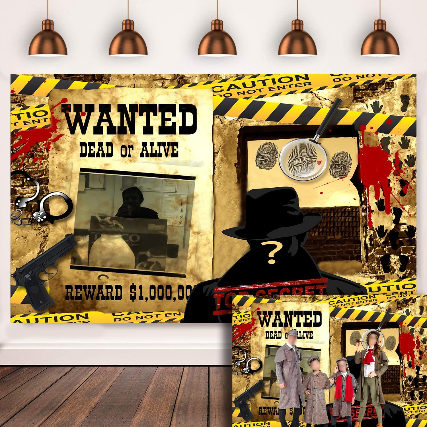KIKIDOR Top Agent Spy Backdrop Horror Blood Fingerprint Murder Mystery Detective Party Supplies Mystery Suspect Bounty Order Children Birthday