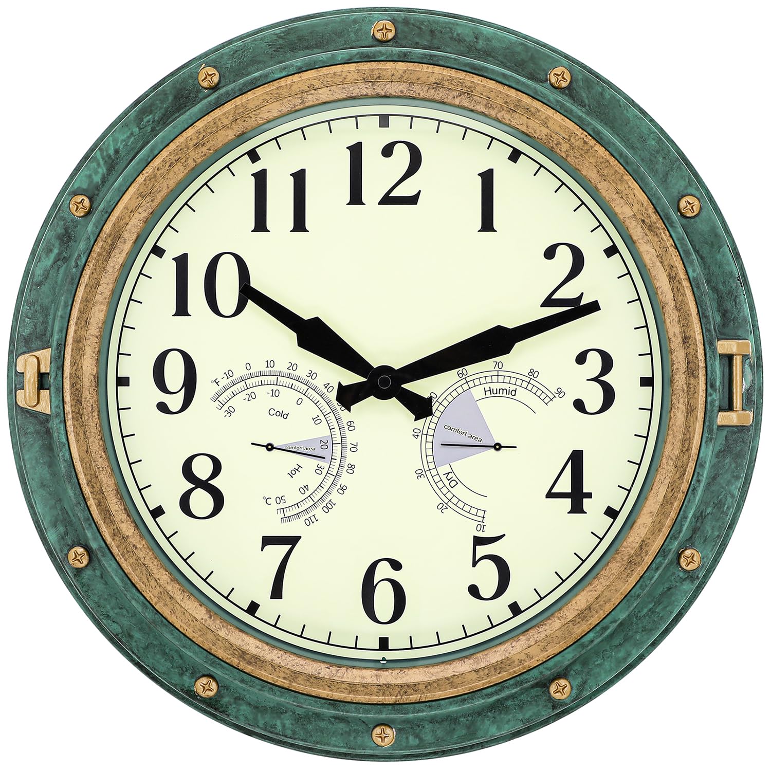 LOMANDA 16 Inch Outdoor/Indoor Garden Clock, Waterproof Wall Clock with Thermometerand Hygrometer, Retro Silent Non-Ticking Waterproof Outdoor, Battery Operated Clock for Home Decor, Patio (Green)