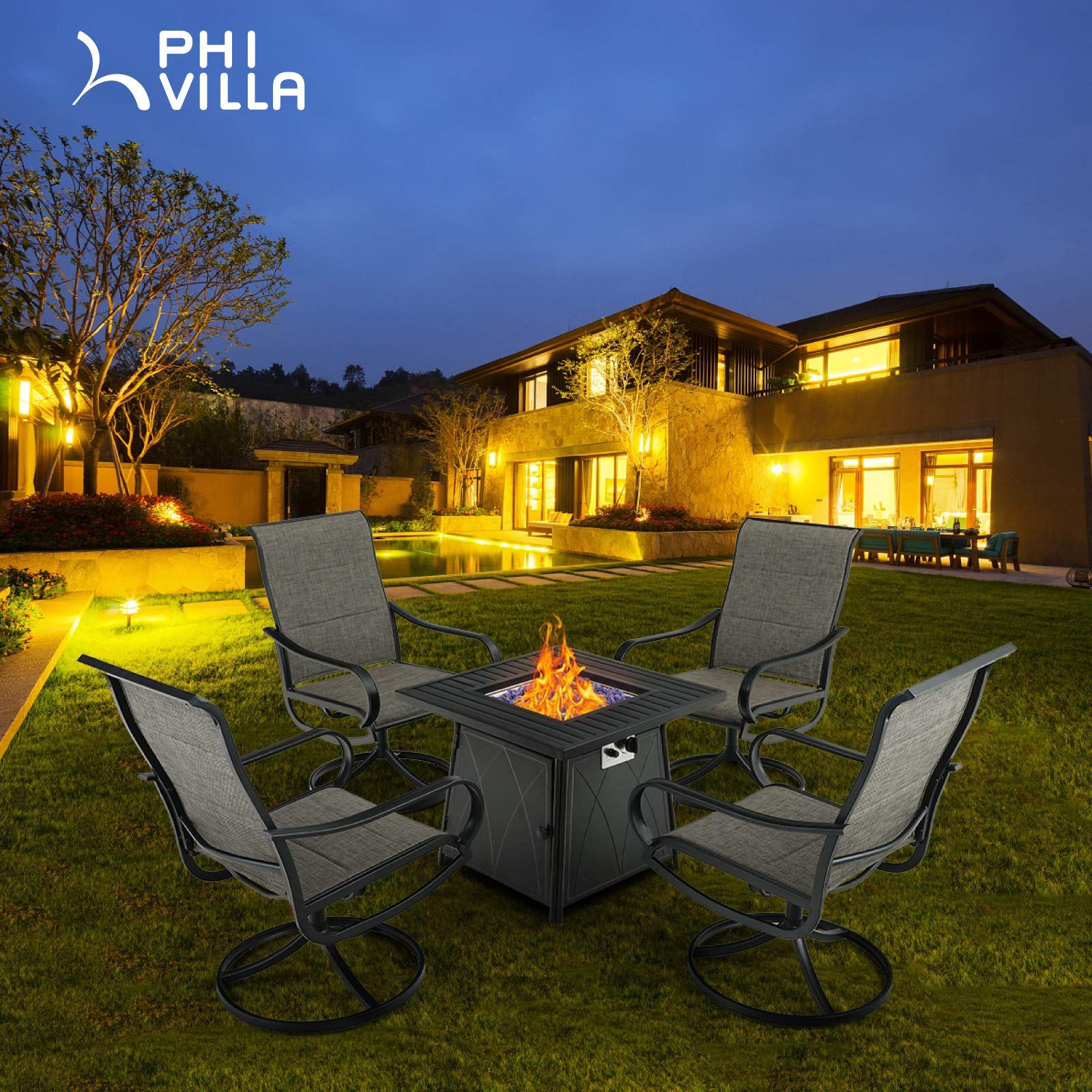 PHI VILLA 5 Piece Patio Dining Set with Firepit Table, 4 Padded