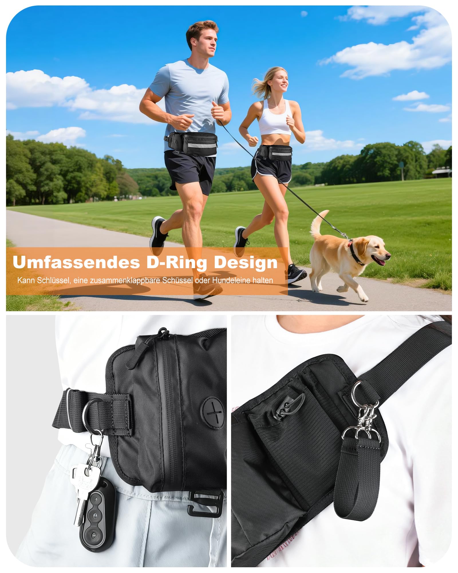 Leckerlibeutel für Hunde – Futterbeutel Hundetraining, Bauchtasche Gassi Tasche mit Abnehmbarer Innentasche, Wasserdicht, Kotbeutelspender, Reflektorband & Handyfach, Hundezubehör