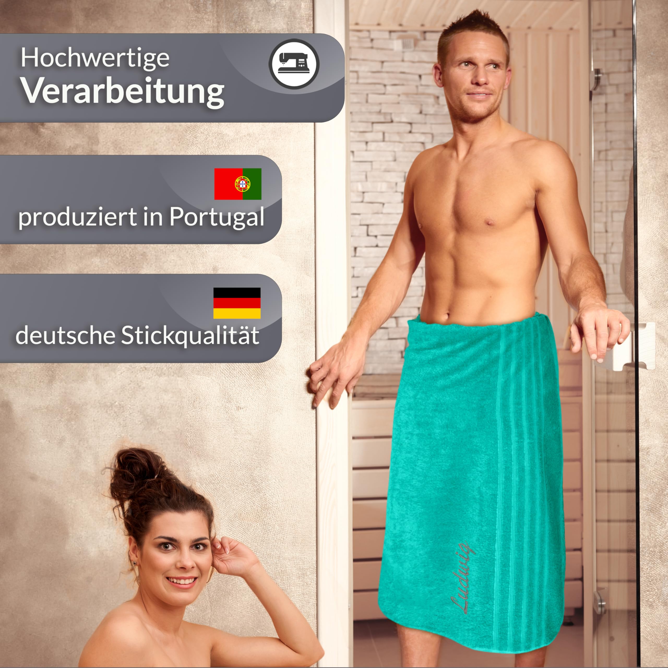 Lashuma personalisiertes Saunatuch XXL, London großes Sauna Handtuch mit Namen Bestickt 80x200 cm Türkis - Meer