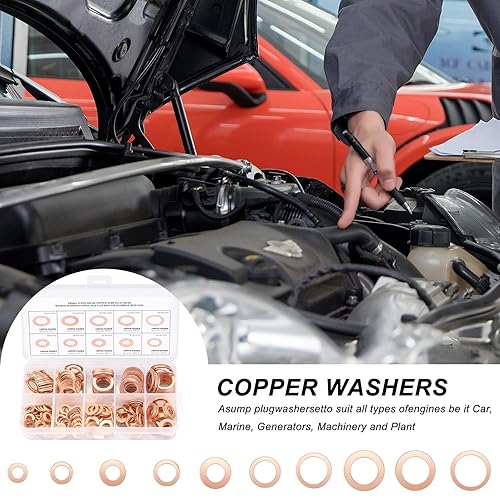 Miniatura 7 de Kit surtido de arandelas planas de cobre, juego surtido de 200 arandelas métricas de sellado de cobre, 9 tamaños, M5M6M8M10M12M14