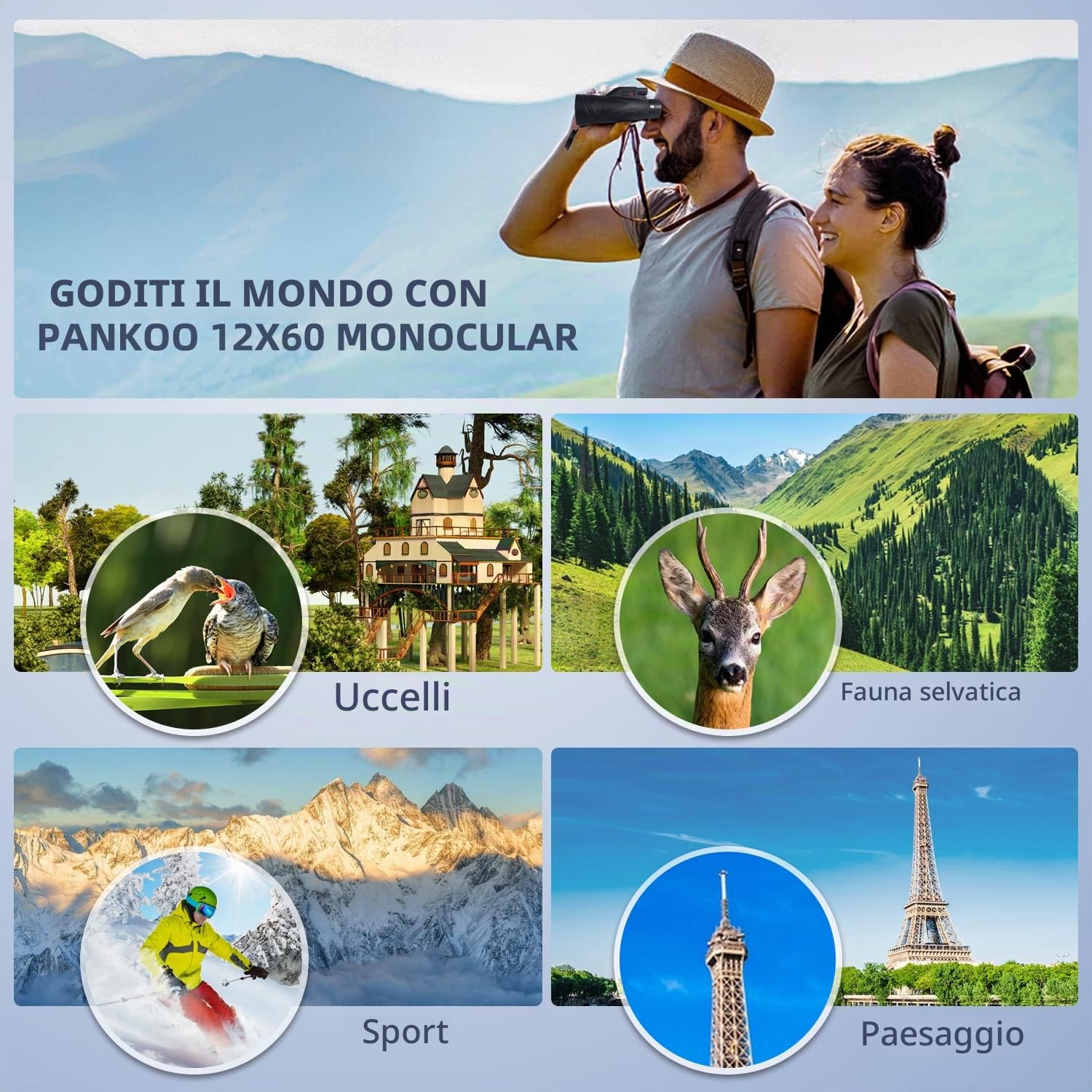 Pankoo Monoculare 12x60 Alta Potenza con Adattatore per Smartphone, Treppiede e Borsa Portatile - Monocolare da Osservazione per Adulti con Prisma BAK4 e Lente FMC, Ideale per Birdwatching