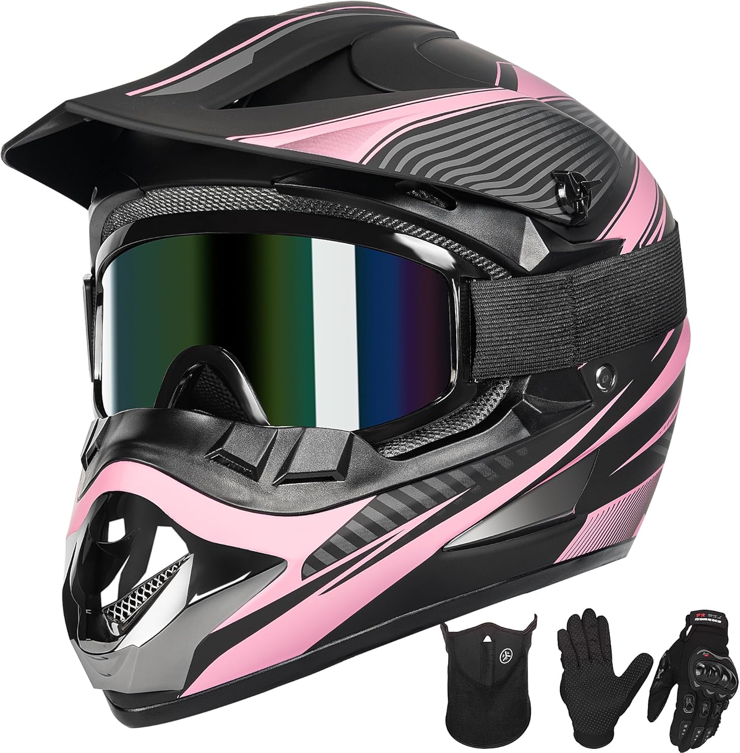 Youth Dirt Bike Helmet Quick Release Buckle - Dirt Bike Helmets for Kids 8-14, Youth ATV Helmet (Gloves Goggles Mask) 4Pcs Set - DOT Approved Pink Medium