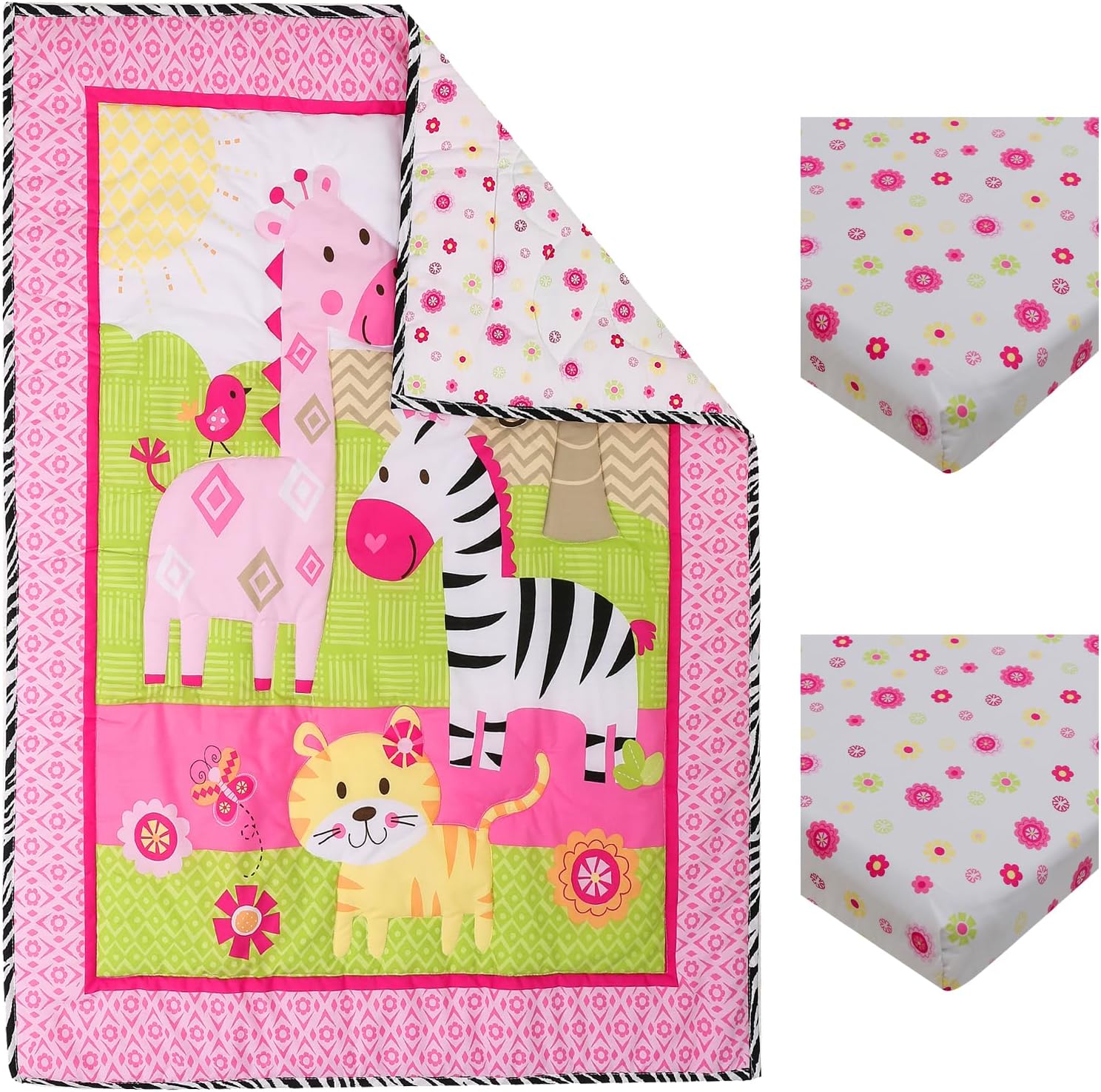 Pink Giraffe Zebra Tiger Animal Nursery Crib Bedding Set for Girls 1 Quilt 2 Fitted Sheet, 28 x 52