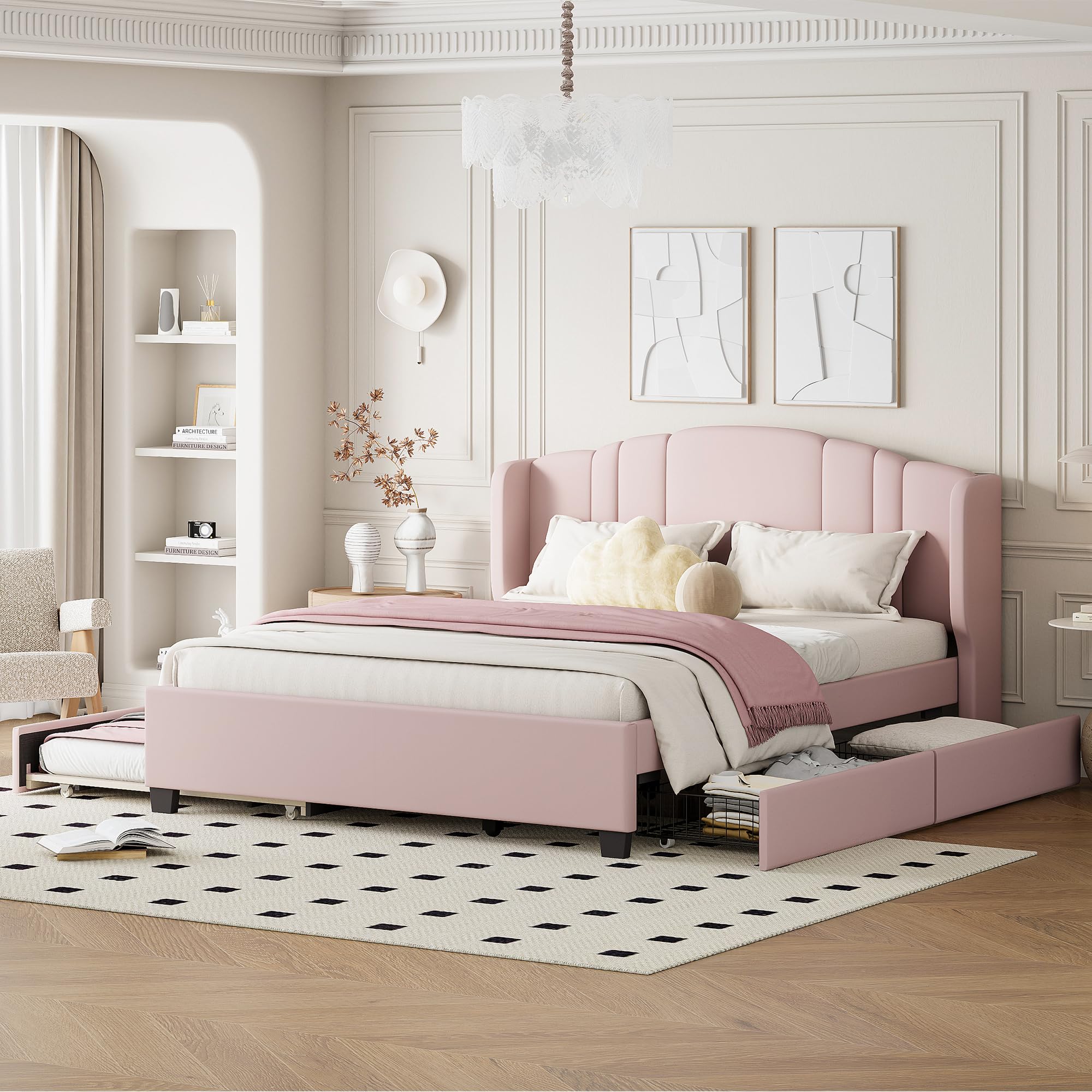 BEDGJH Upholstered Platform Bed Queen Size with Wingback Headboard, Twin Trundle and 2 Drawers for Kids Teens Adults, No Box Spring Needed (Pink)
