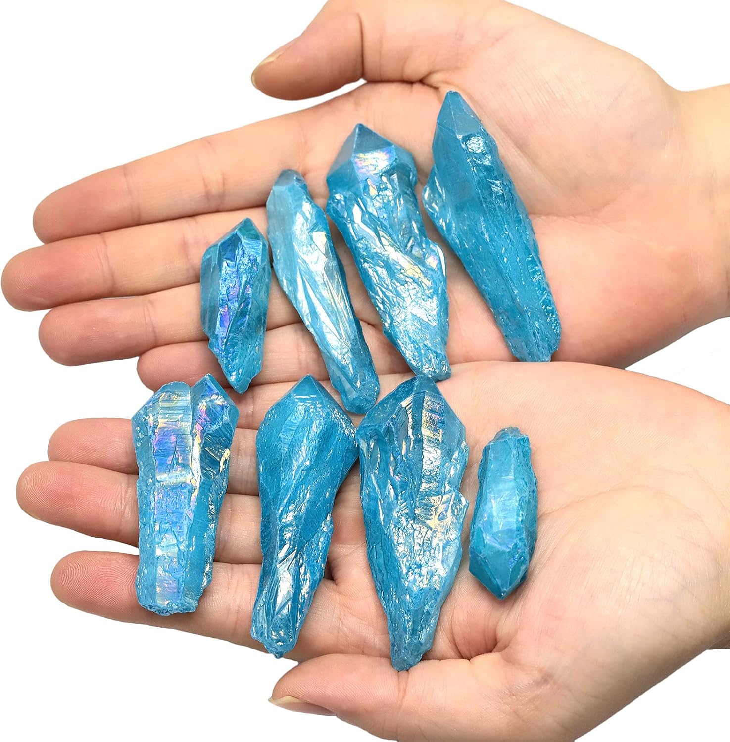 Rockcloud Blue Irregular Titanium Coated Quartz Crystal Points Rough Stone Sticks Undrilled Loose Beads for Jewerly Making and Home Decoration, 1 lb