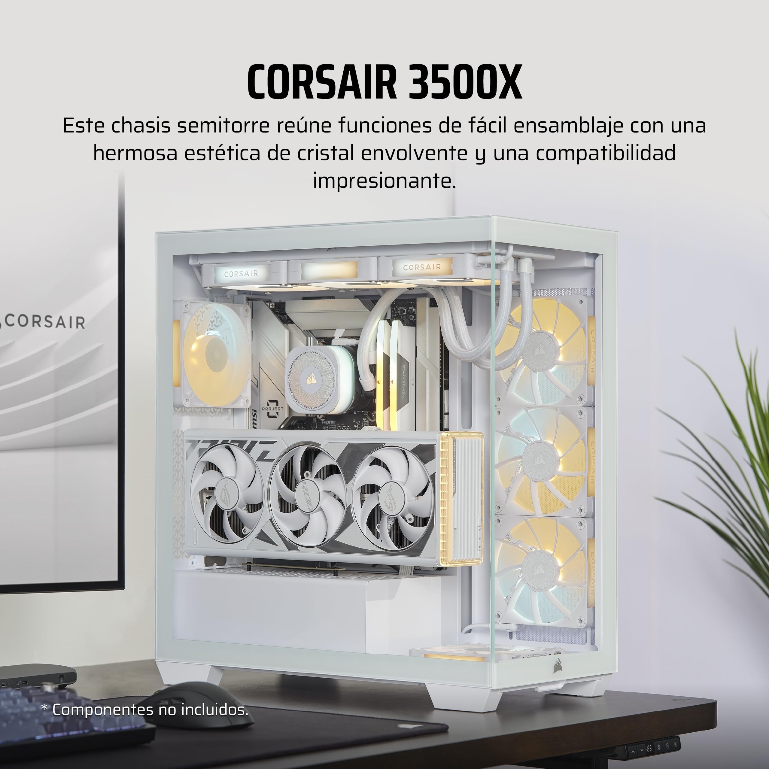 CORSAIR 3500X Media-Torre ATX Caja de PC - Cristal Templado Panorámico - Conexión Inversa Compatible con Placa Base - Sin Ventiladores Incluidos - Blanco