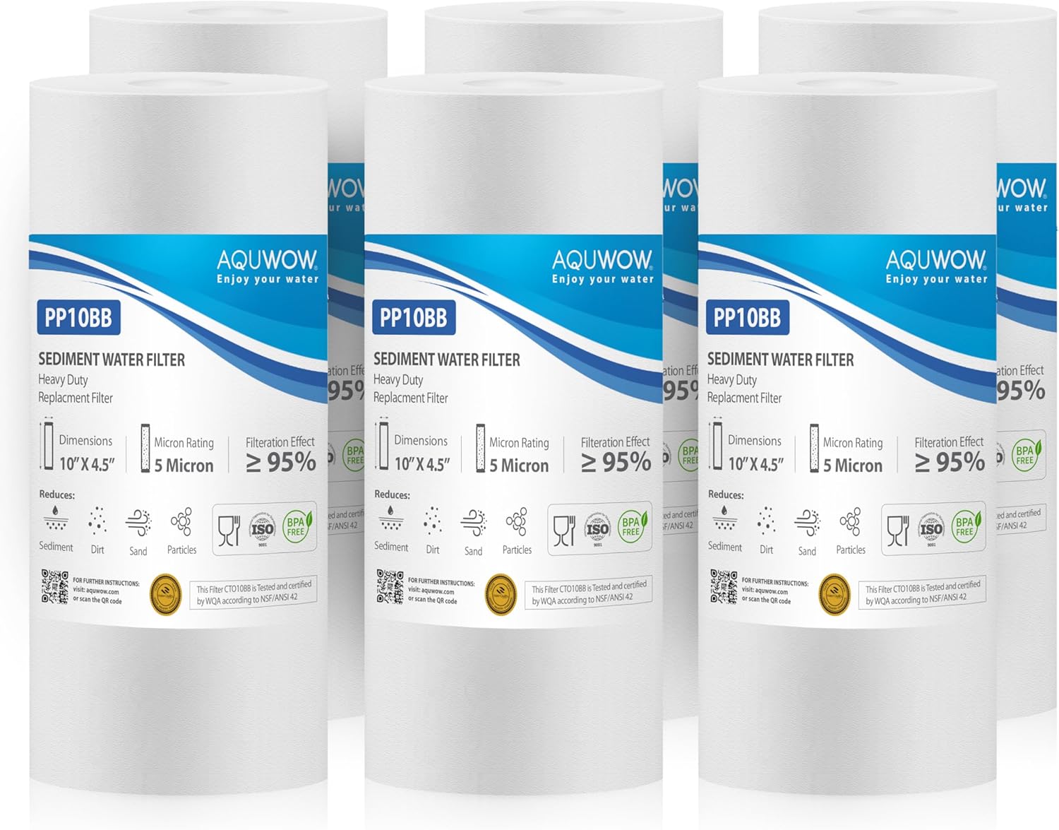 PP10BB 5 Micron 4.5" x 10" Filter Set – Sediment Replacement Cartridges for Whole House Water Filtration Systems, Universal Standard PP Filters (6, 10 x 4.5)