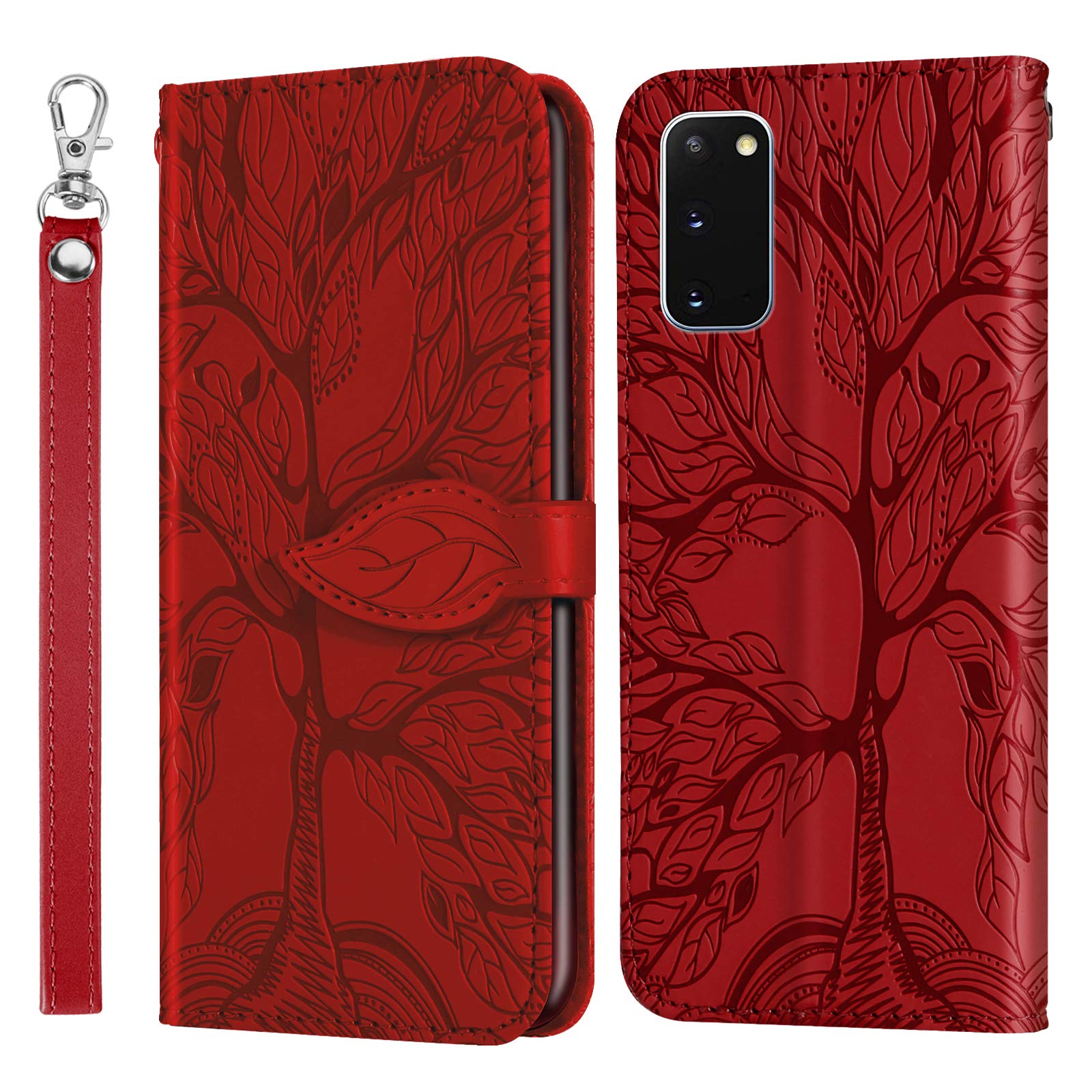 Linbol Samsung Galaxy S20 5G Wallet Case PU Leather Folio Flip Kickstand Cover with Wrist Strap Card Slots Phone Case for Samsung Galaxy S20, Tree of Life Red