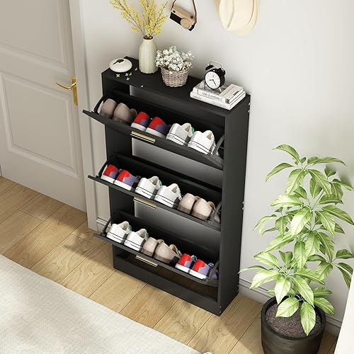 Miniatura 3 de Armario de zapatos para entrada delgado y estrecho con 3 cajones abatibles, almacenamiento oculto de madera para zapatos, armario organizador de