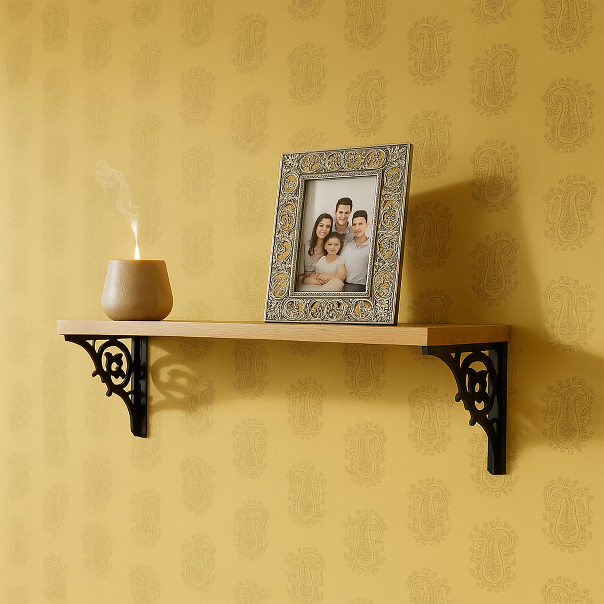 Djuize Wall Shelf with Wooden Top Black|White Iron Brackets Storage Rack|Industrial Wall-Mounted Floating Shelf for Living Room,Kitchen,Bathroom (Black Single Floral Small)-image-49