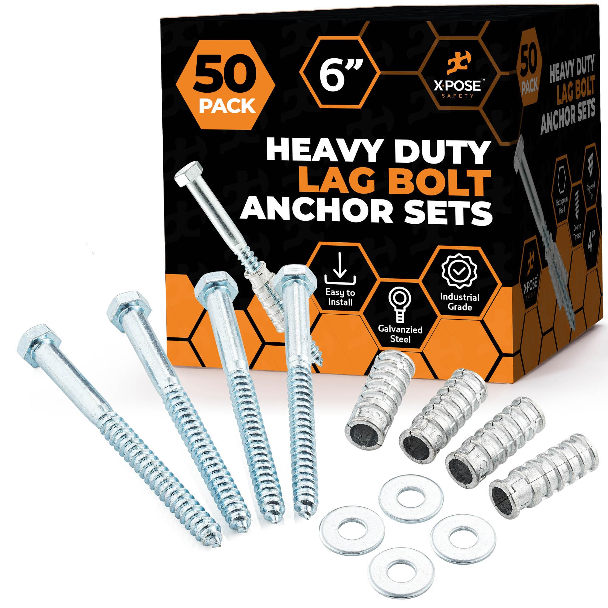 Xpose Safety Parking Stoppers Concrete Anchors, 1/2" x 6" Lag Bolts, 50 Pack