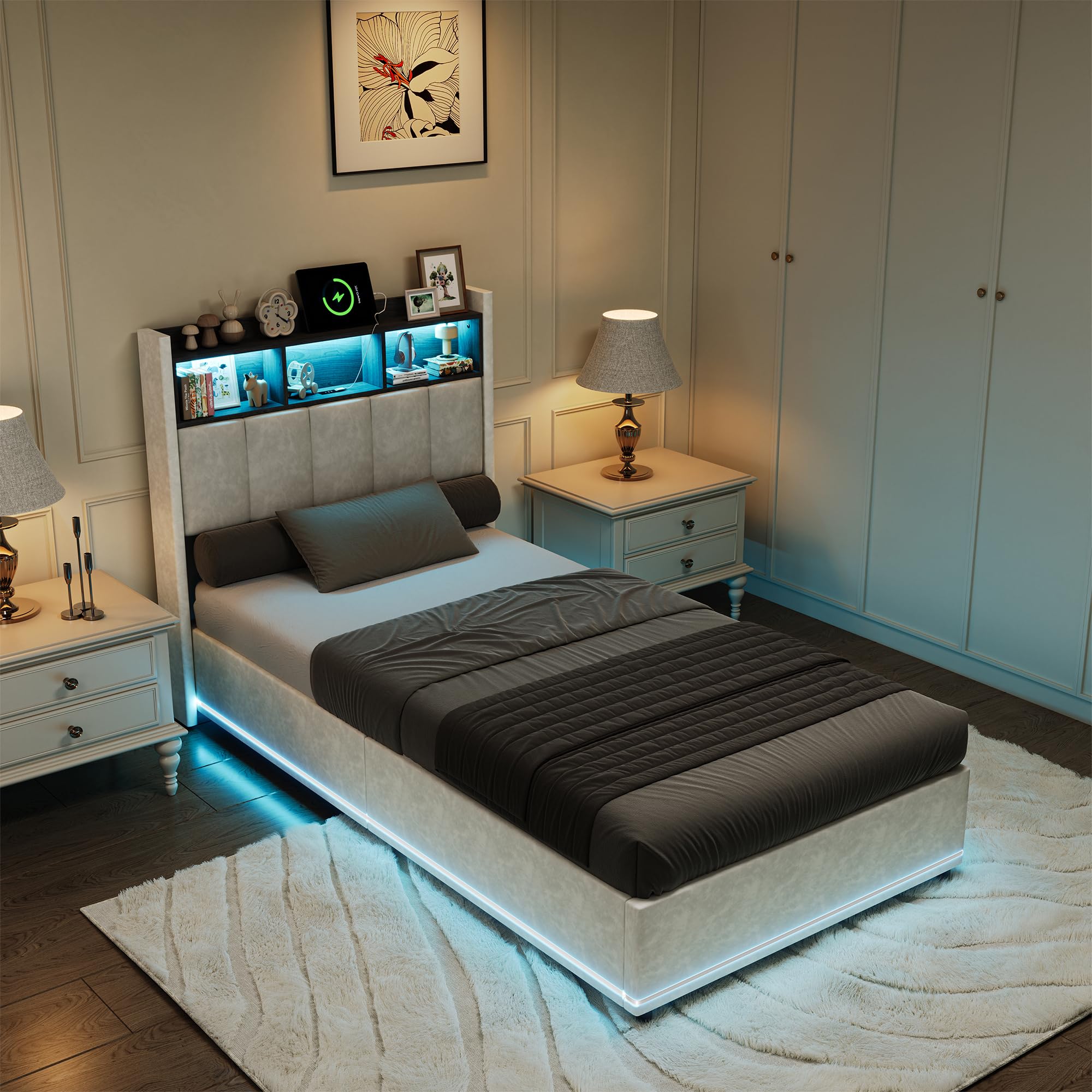 Łóżko tapicerowane, podwójne, 90 x 200 cm, zagłówek ze schowkiem LED i USB, łóżko hydrauliczne 90 x 200 cm, ze skrzynią na pościel i stelażem, oparcie z litego drewna i aksamitu