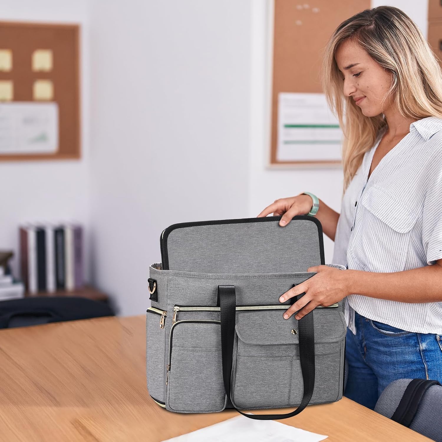 ESTARER Teacher Tote Bag for Women 2Pcs, 15.6'' Laptop Work Bag Computer bag w/Expandable File Folder, Large Water-Resistant Messenger Shoulder bag w/Insulated Pocket for Office/Travel/College, Grey