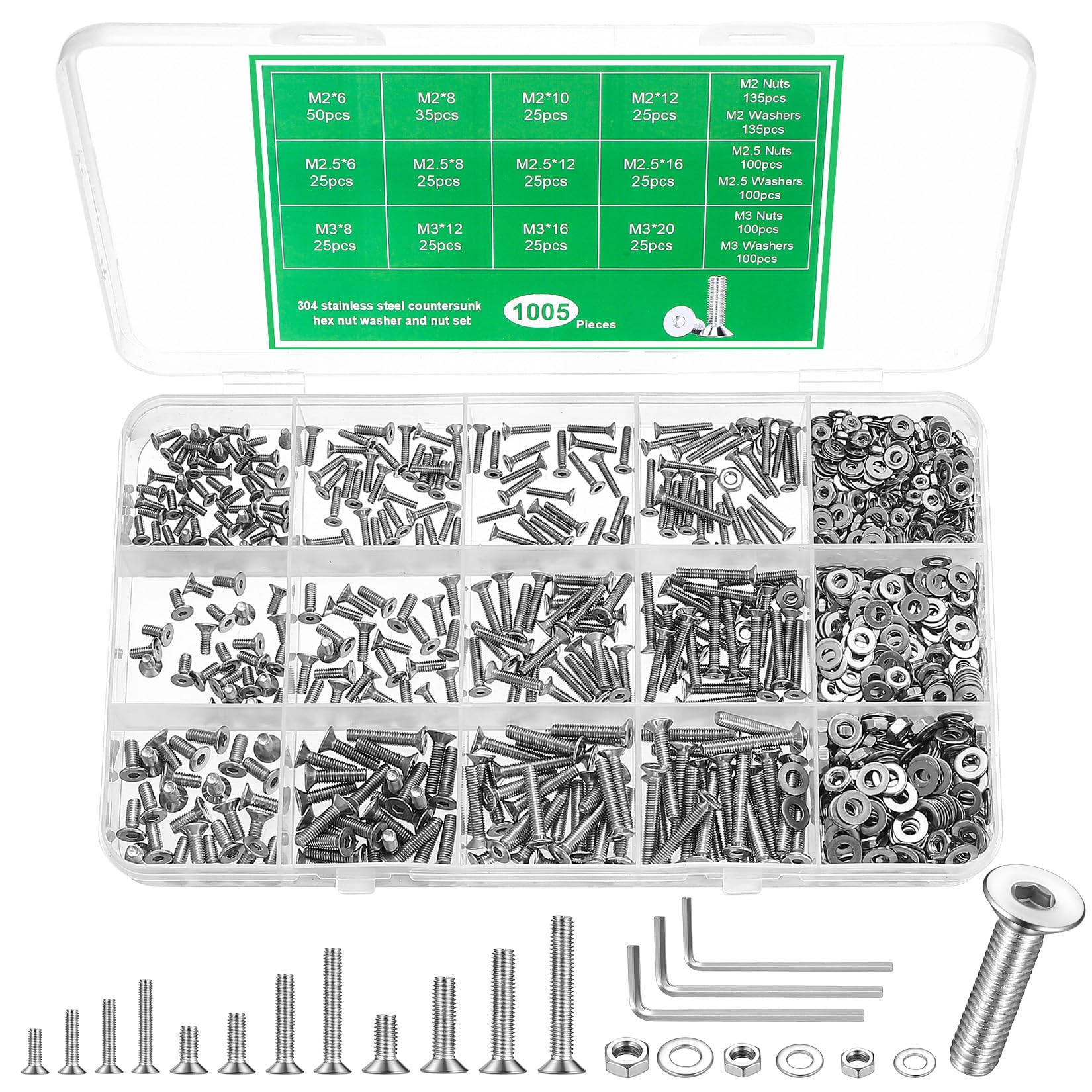1005 Pcs Small M2 M2.5 M3 Countersunk Bolts and Nuts Set, Screws Set, Flat Head Machine Screws Nuts and Washers