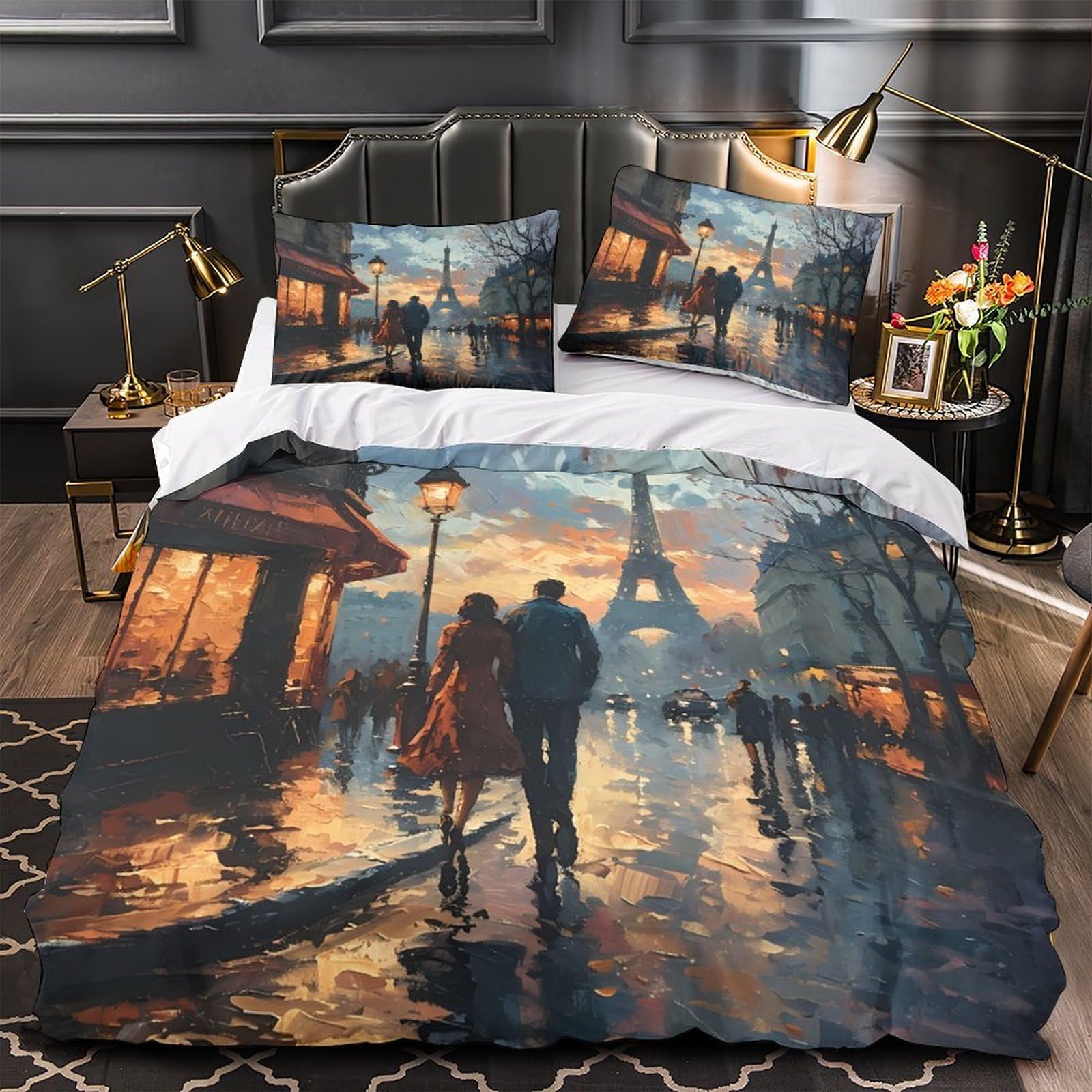 Housse de couette ultra douce anti-acarien lit 1 personne motif Paris 140x200