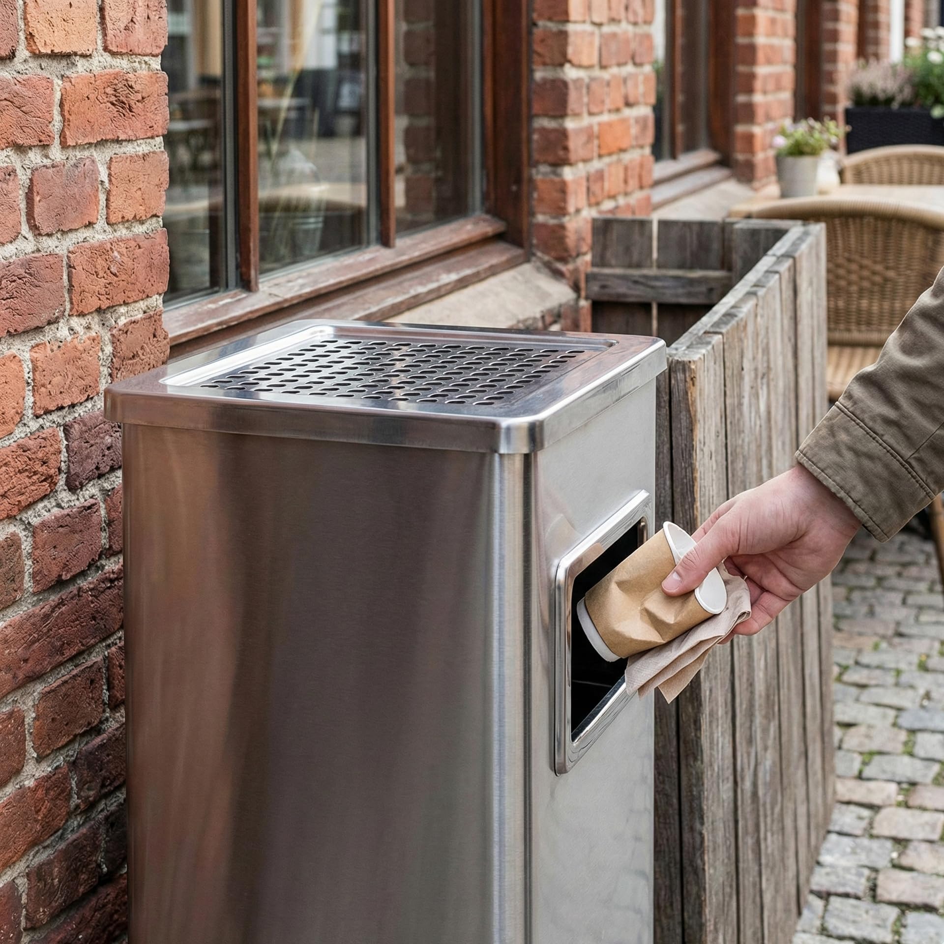 2-in-1 Standaschenbecher und Mülleimer für draußen, mit 20 Liter fassendem Abfallbehälter, Abmessungen H61 x L30 x B24 CM, Silber.