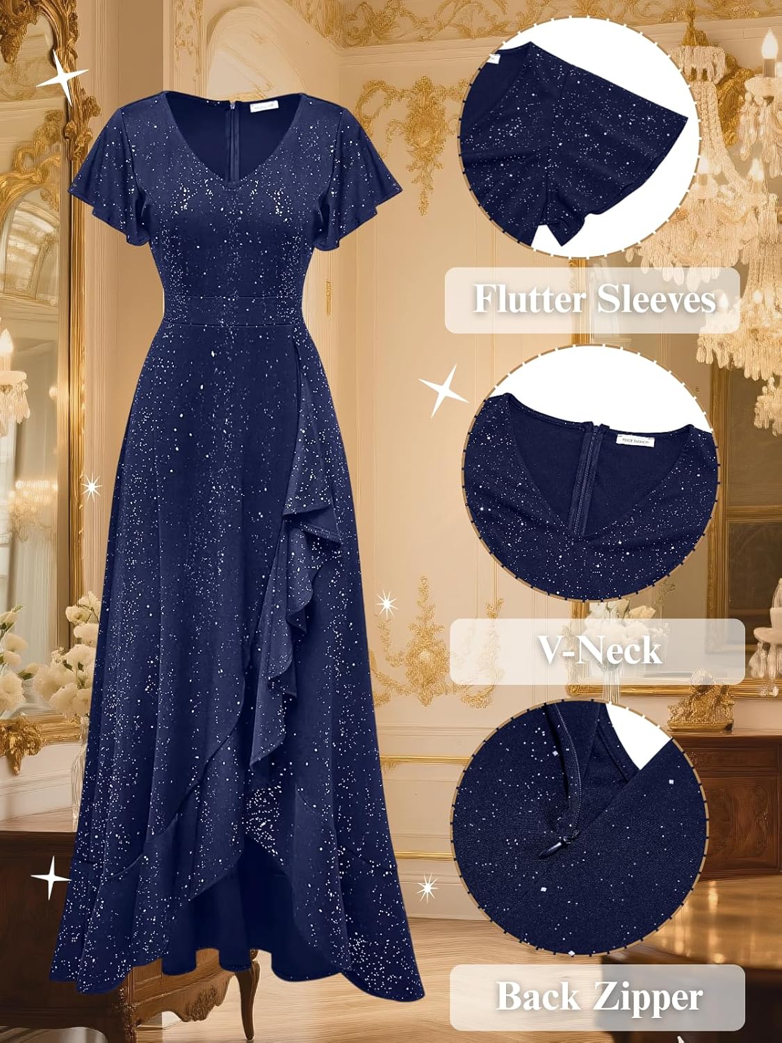 Navy Blue Dress Mother of Bride Formal Cocktail Evening Party Sequin Glitter High Low Flutter Sleeve Elegant Long Dress - Image 5