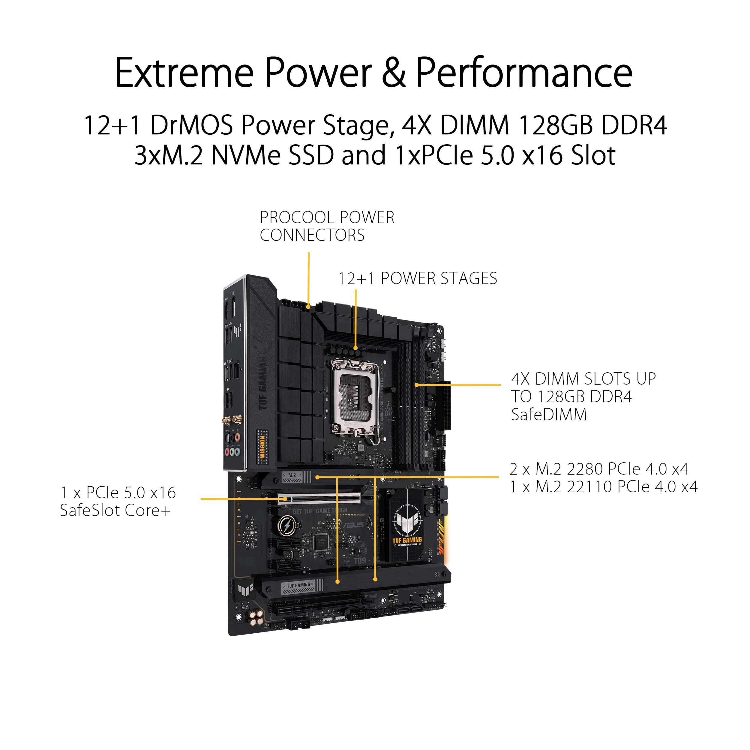 ASUS TUF Gaming B760-PLUS WiFi D4 - Placa Base ATX Intel B760 LGA 1700 (PCIe 5.0, Tres PCIe 4.0 M.2, VRM de 12+1 Fases, 2.5Gb Ethernet, DisplayPort, HDMI, USB 3.2 Gen 2 Type-C Frontal, Aura Sync)