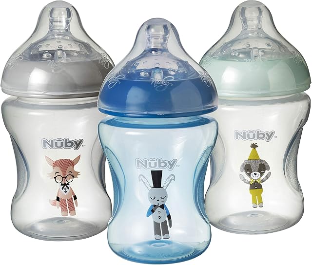 Nuby Anti Colic Baby Bottle Set  Slow Flow Easy Latch Teats | 240ml / 8oz | Includes Matching Dummy | Dishwasher Safe (Set of 3)
