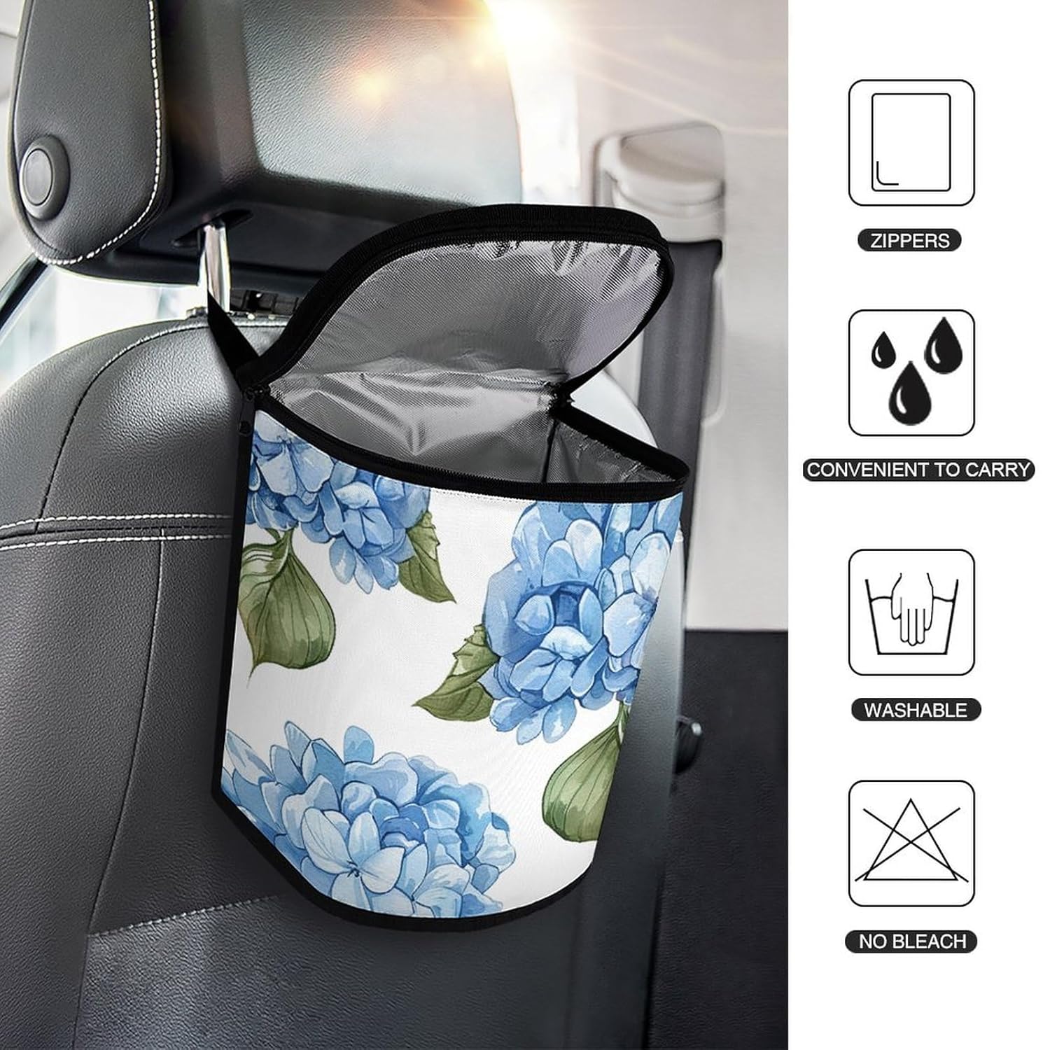 Blue Hydrangea Pattern Car Trash Can with Lid Collapsible Hanging Vehicle Trash Bag Waterproof Car Garbage Bags