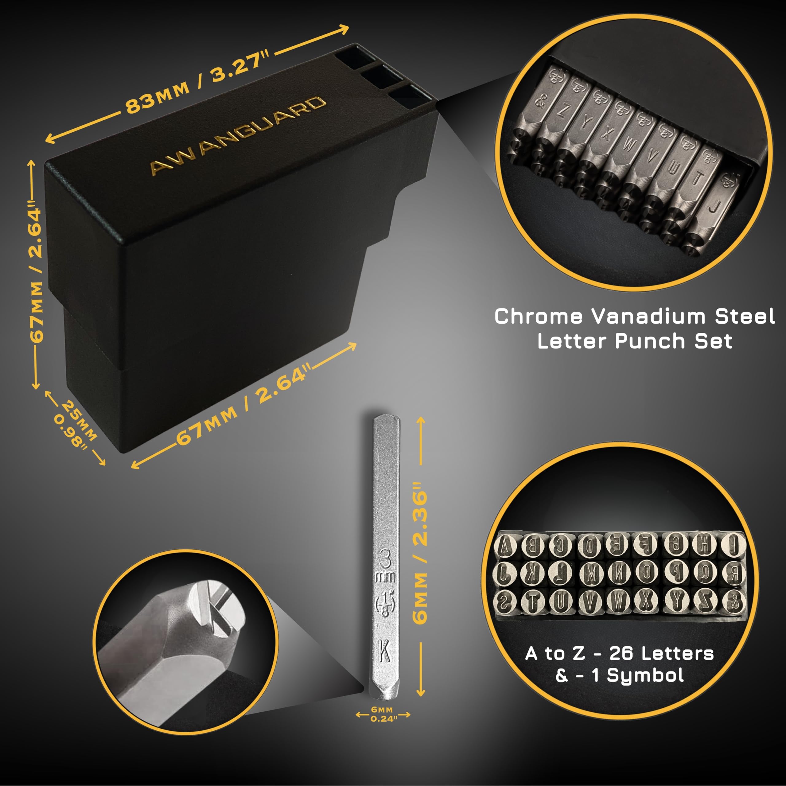 Stemple Alfabetyczne, Wybijaki, Znaczniki. Letter Punch For Seed Phrase Steel Crypto Wallet Backup. Chrome-Vanadium Steel, 27 szt. (Zestaw Stempli + Tabliczka do Ćwiczeń)
