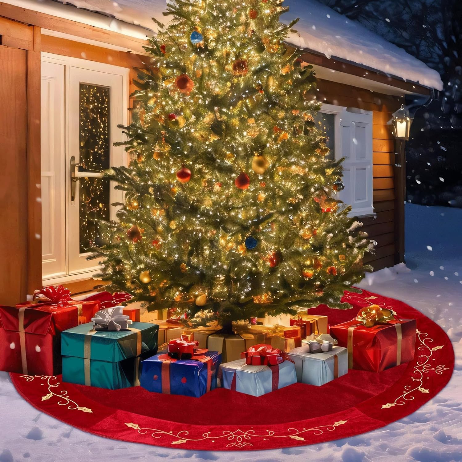 60inch Extra Large Christmas Tree Skirt Red Luxury Velvet Plush Fur Skirts with Gold Embroidery Xmas Velvet Tree Skirt Holly Leaves Gold Embroidered Tree Skirt for Christmas Holiday Party Decor