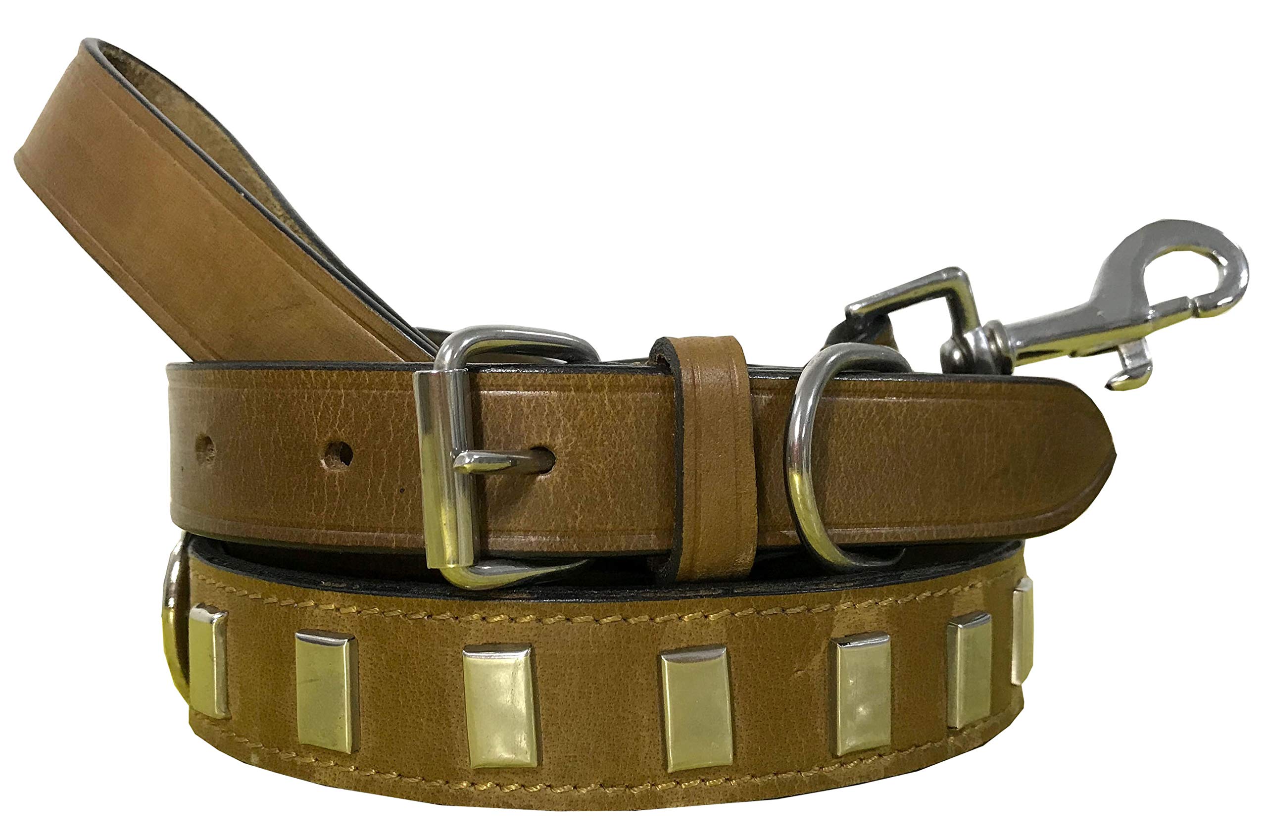 Genuine Leather Matching Pair Dog Collar and Lead Set - S (12-15 Inches)