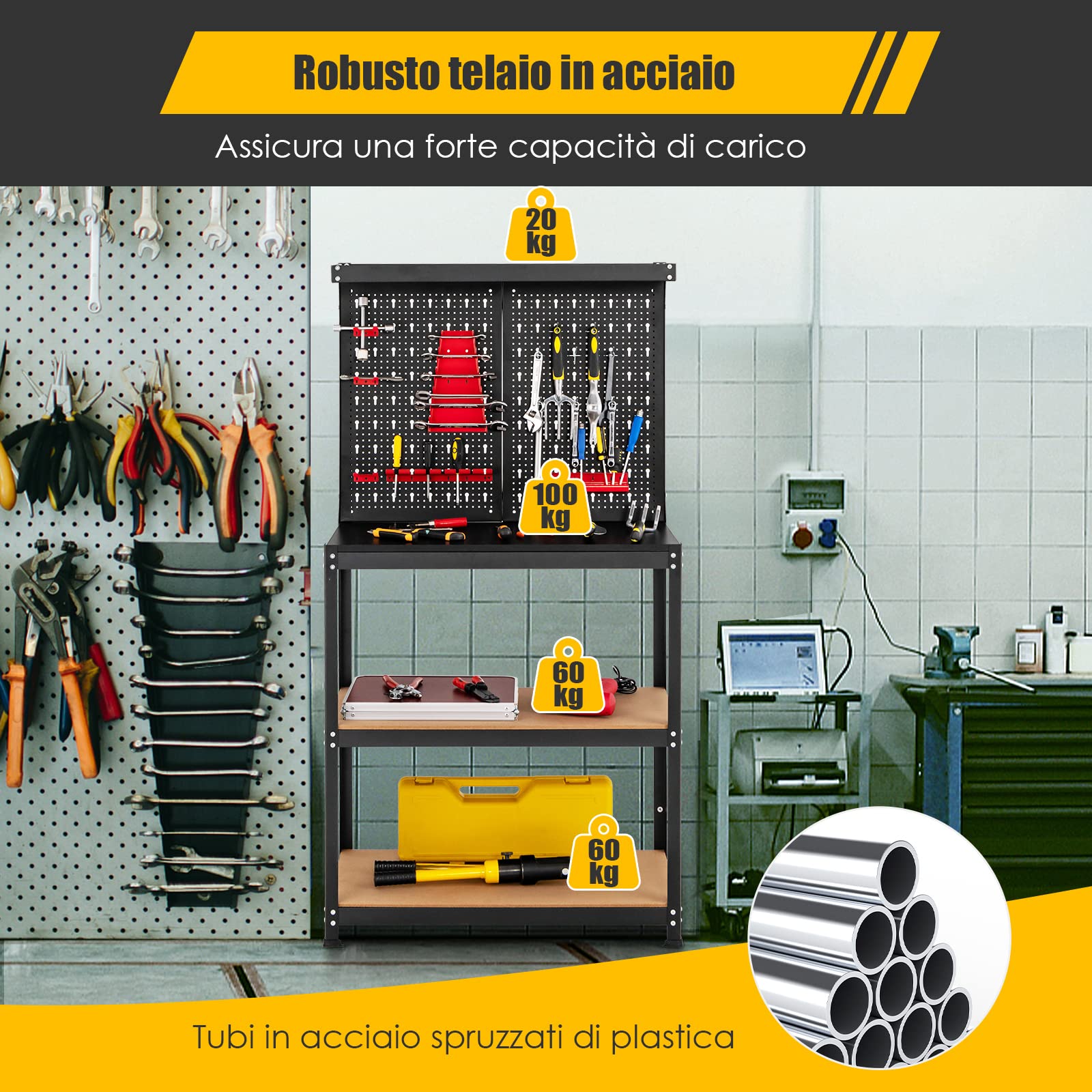 COSTWAY Banco da Lavoro, in Metallo e MDF, con 3 Ripiani, 13 Accessori da Appendere, 80,5 x 41x 155cm, per Garage, Casa, Officina e Magazzino