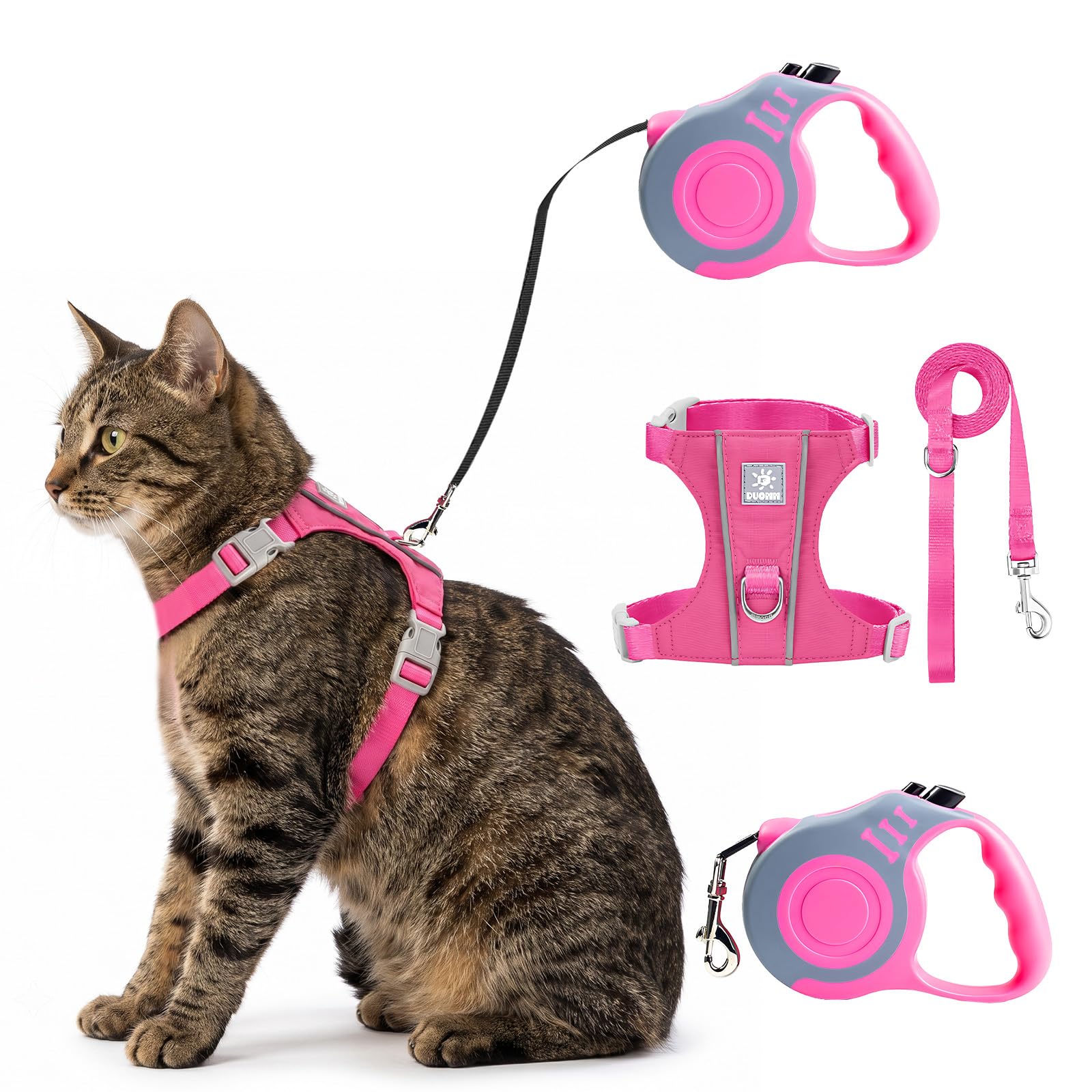Cat Harness and Lead Set, Escape Proof Lightweight Kitten Harness with Automatic Retractable 5M / 16.4Ft Soft Lead for Garden Walking, Back Reflective No-Choke Vest for Outdoor(RosePink,XS)