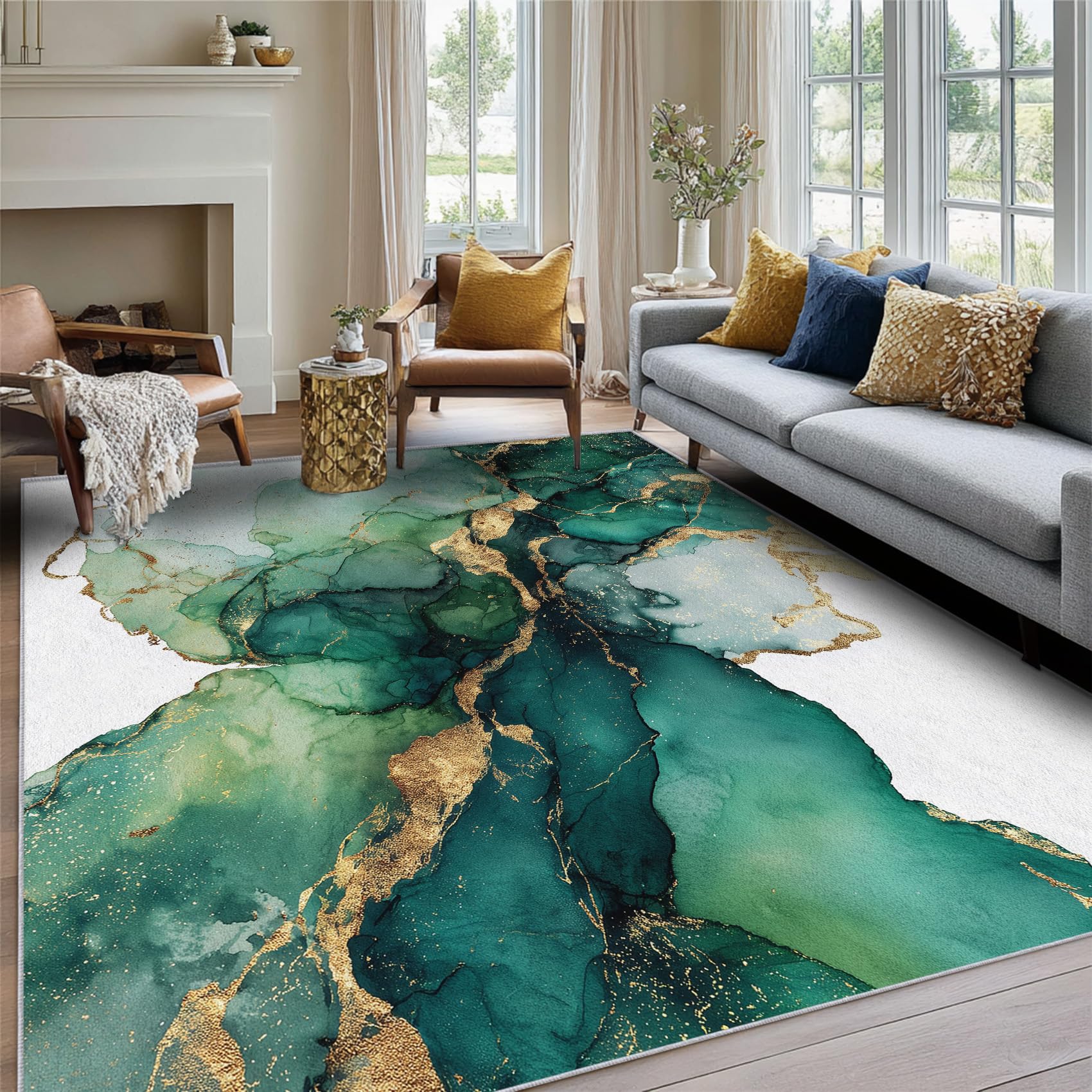 Generisch Tie-Dye Teppich Klein 80 x 150 cm Wohnzimmer Mit Grün Gold Marmor Muster, Tie-Dye Bettvorleger Schlafzimmer Deko, Waschbar Teppiche Gegend Kurzflor rutschfest