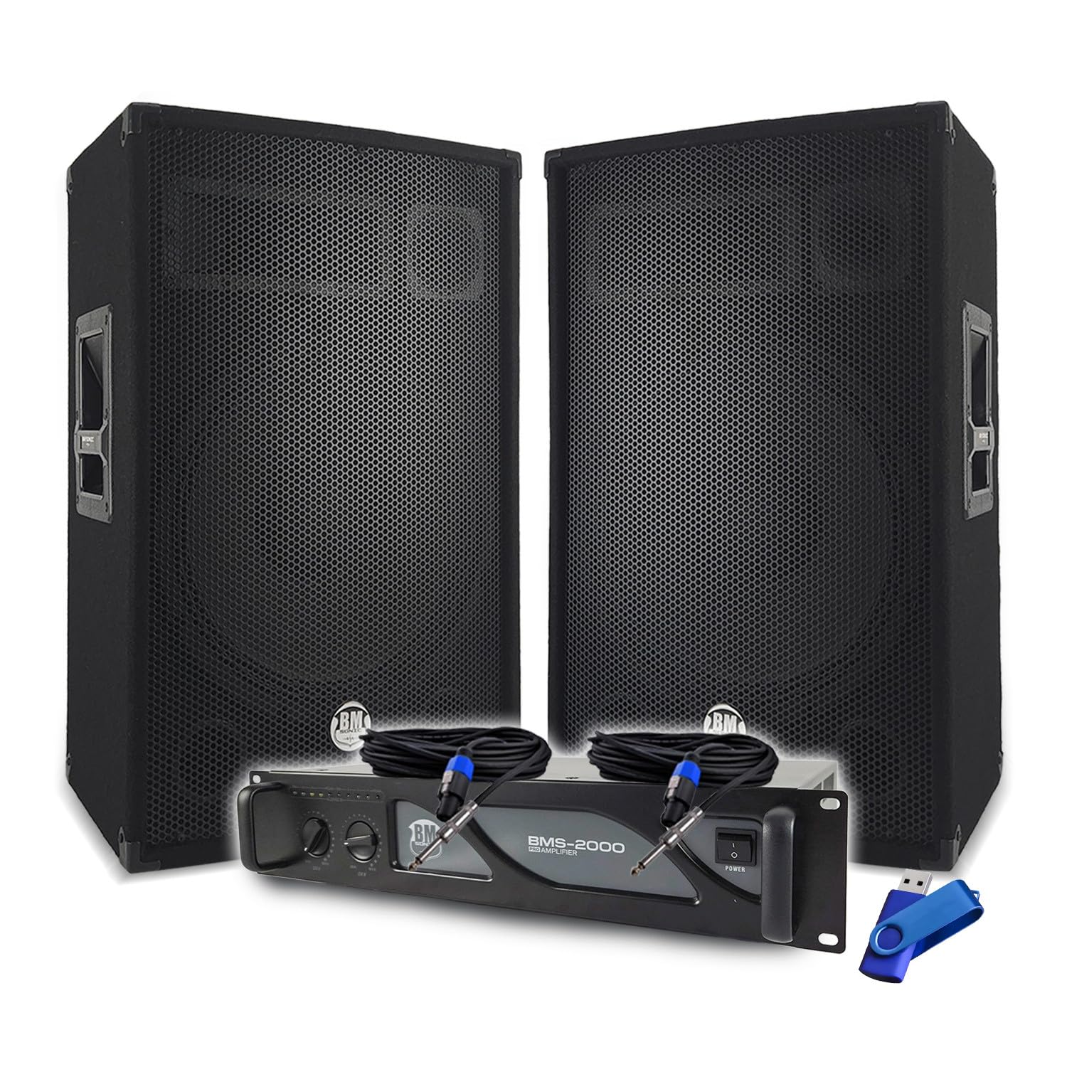 Pack Sono DJ BM Bmsonic Amplificateur 2000W, Paire d'Enceintes Passives 2x700W, Câbles Speakon, Sonorisation Pro+Clé 32G
