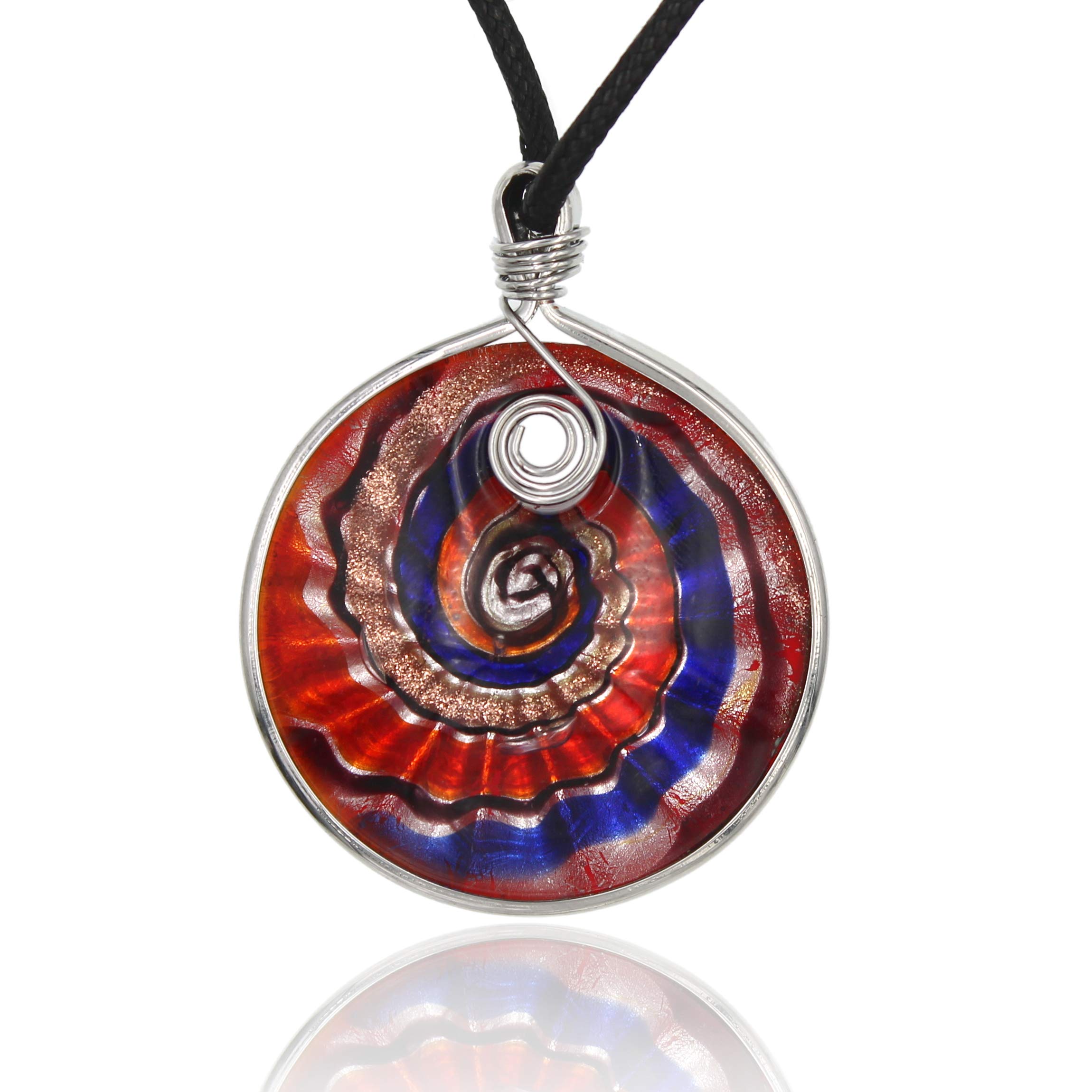 Handmade Murano Inspired Blue Red Silver-Color Dichroic Glass Round Swirl Pendant Necklace Hand Wrapped with Metal Handcrafted Artisan Blown Hypoallergenic Italian Style Jewelry