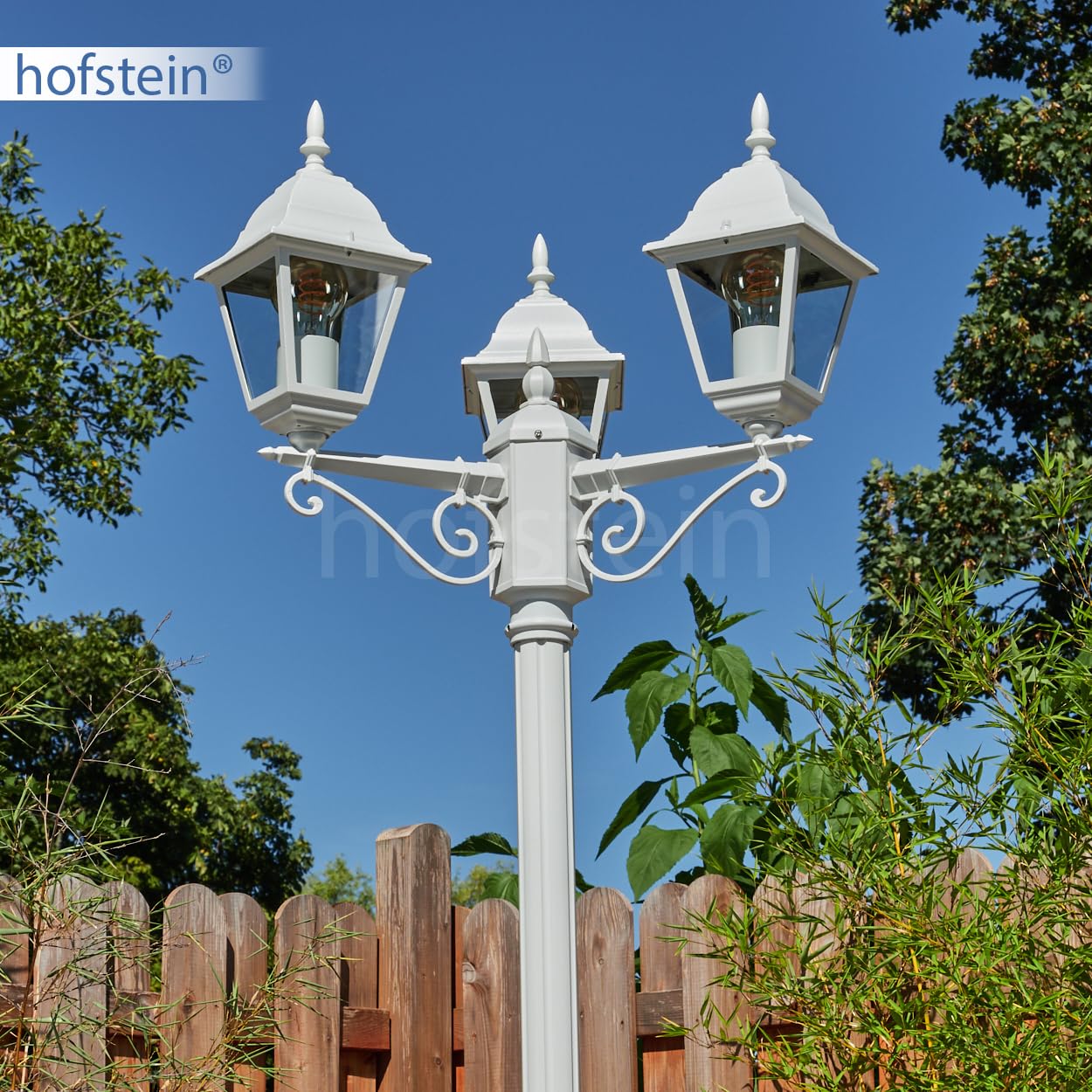 HOFSTEIN Lampa zewnętrzna Naofe, oświetlenie ścieżki z metalu/szkła w kolorze białym/przezroczystym, kandelabr o antycznym wyglądzie, wysokość maks. 220 cm, oświetlenie ogrodowe IP44, 3 x E27, bez