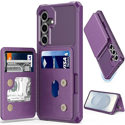iMangoo for Samsung Galaxy S25 Wallet Case with 4 Card Holder Shockproof Anti Drop PU Leather Cover Double Magnetic Clasp Credit Card Slots Purse Sleeve Kickstand Phone Cases for S25 Women Men Purple