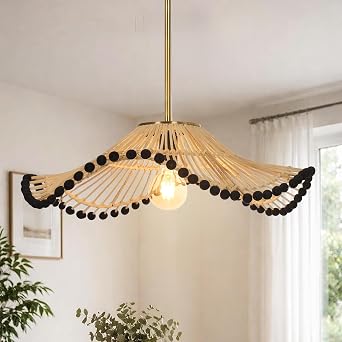 23.6" Boho Rattan Pendant Light Fixture, Hand Woven Farmhouse Rustic Chandelier Bohemian Coastal Hanging Pendant Lighting for Kitchen Island, Bedroom, Living Room, Nursery, Entryway, Foyer